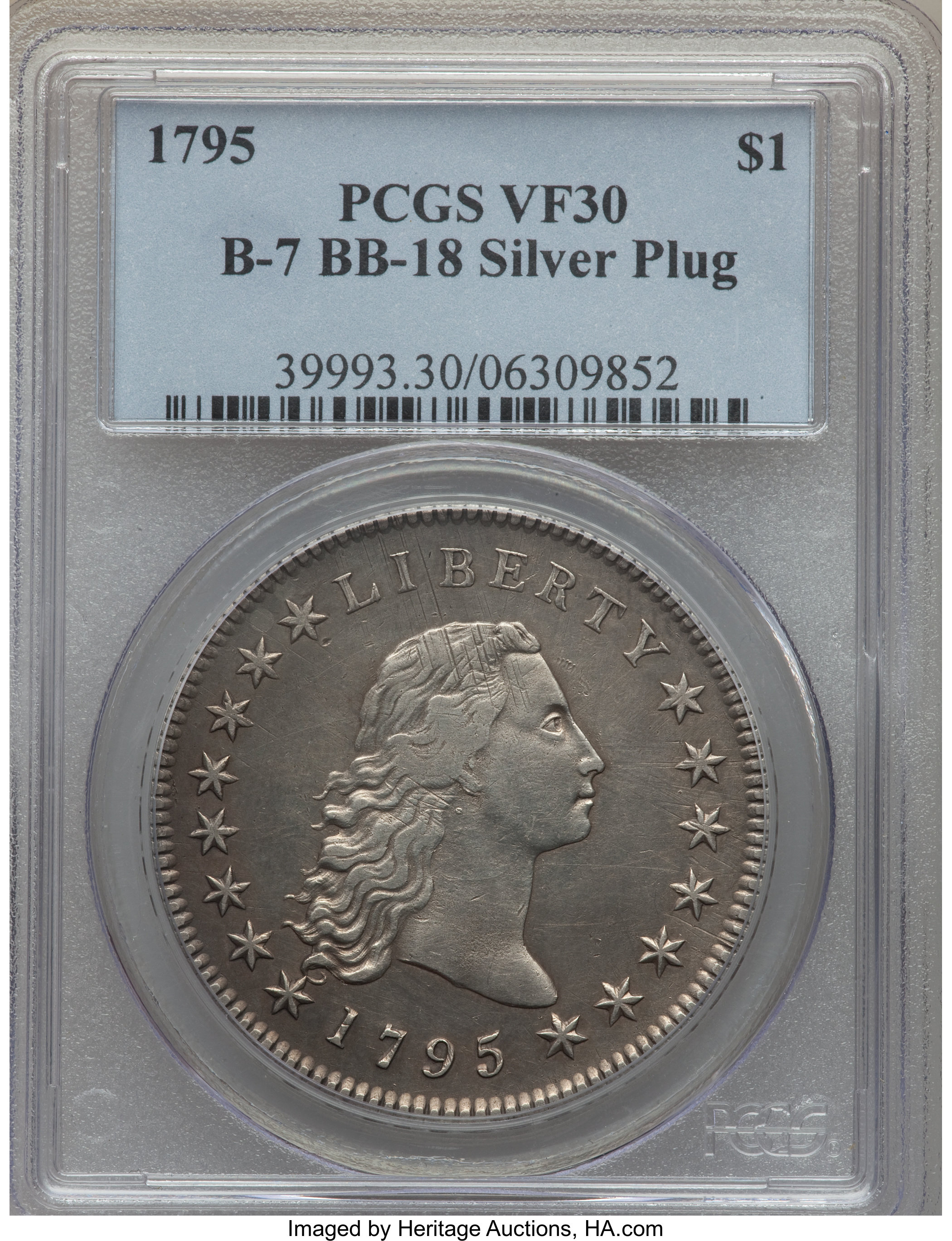 1795 $1  Flowing Hair, Silver Plug, 3 Leaves, B-7, BB-18 VF30 CAC thumbnail 7
