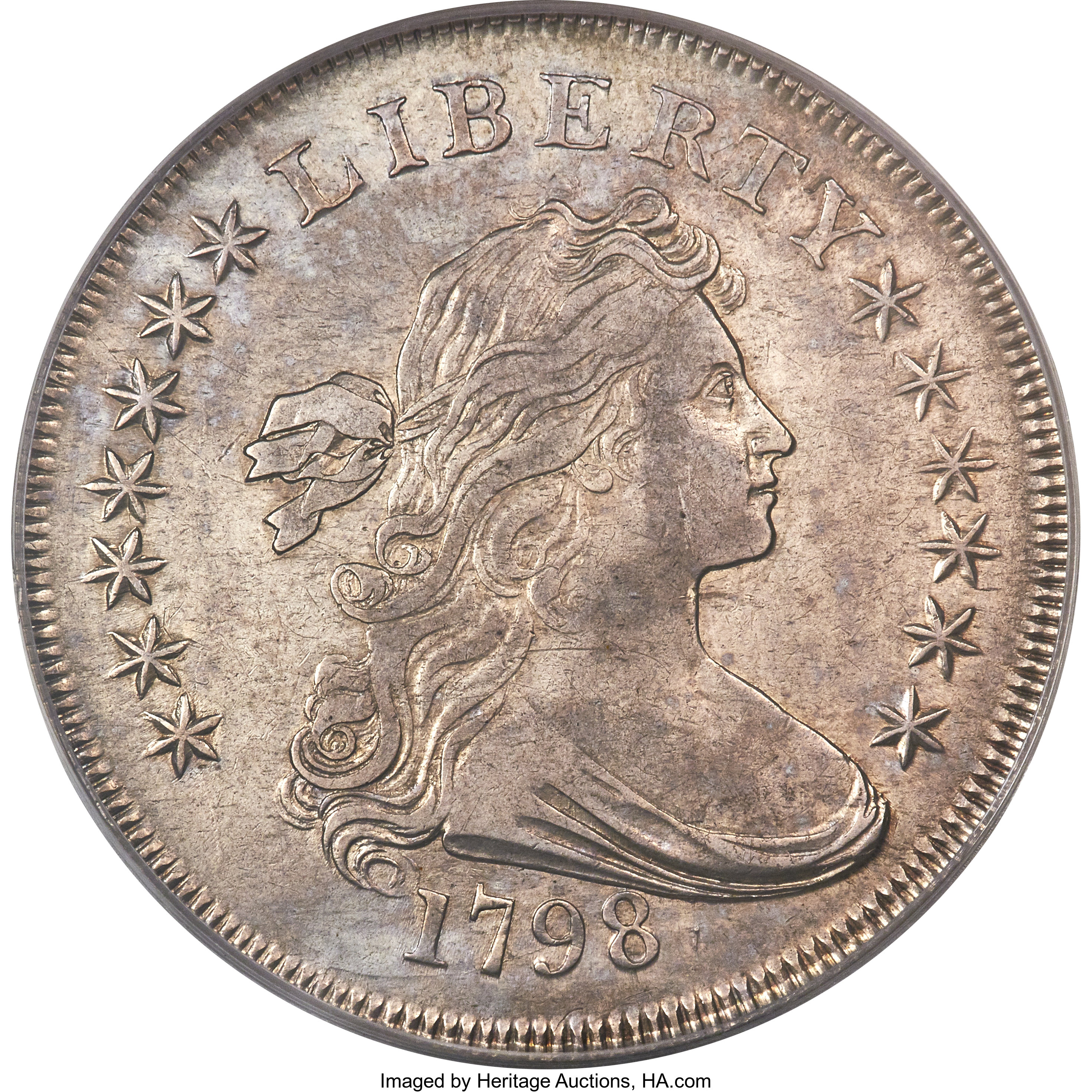 1798 $1  Large Eagle, Knob 9, 10 Arrows, 5 Vertical Lines, B-6, BB-96 AU50 CAC thumbnail 9