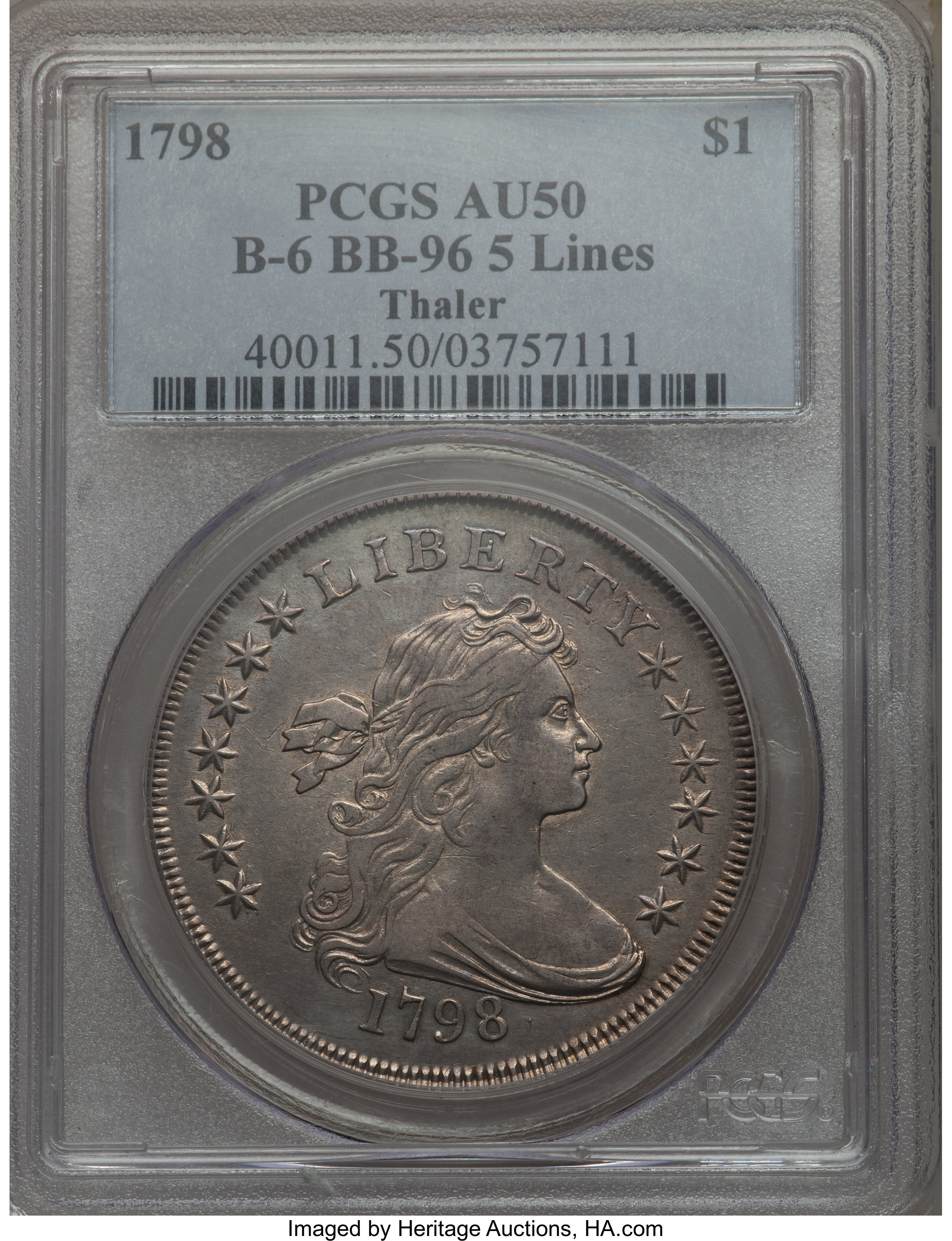 1798 $1  Large Eagle, Knob 9, 10 Arrows, 5 Vertical Lines, B-6, BB-96 AU50 CAC thumbnail 12