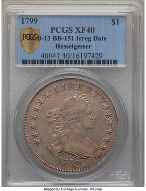 image for: 1799 $1 Irregular Date, 13 Stars Reverse, B-13, BB-151, R.5, XF40 PCGS Secure....