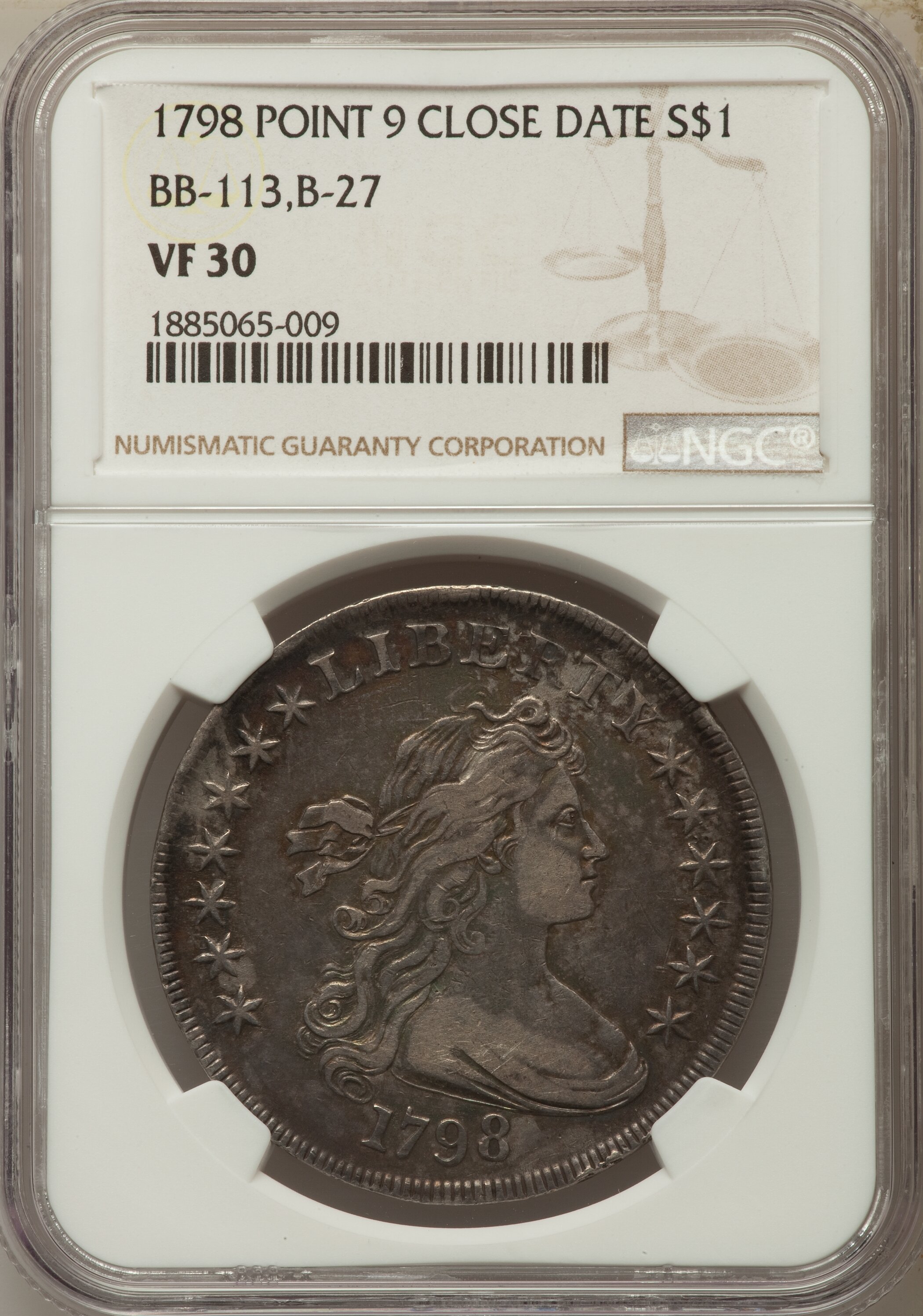 1798 $1  Large Eagle, Pointed 9, Close Date, B-27, BB-113 AG3 thumbnail 13