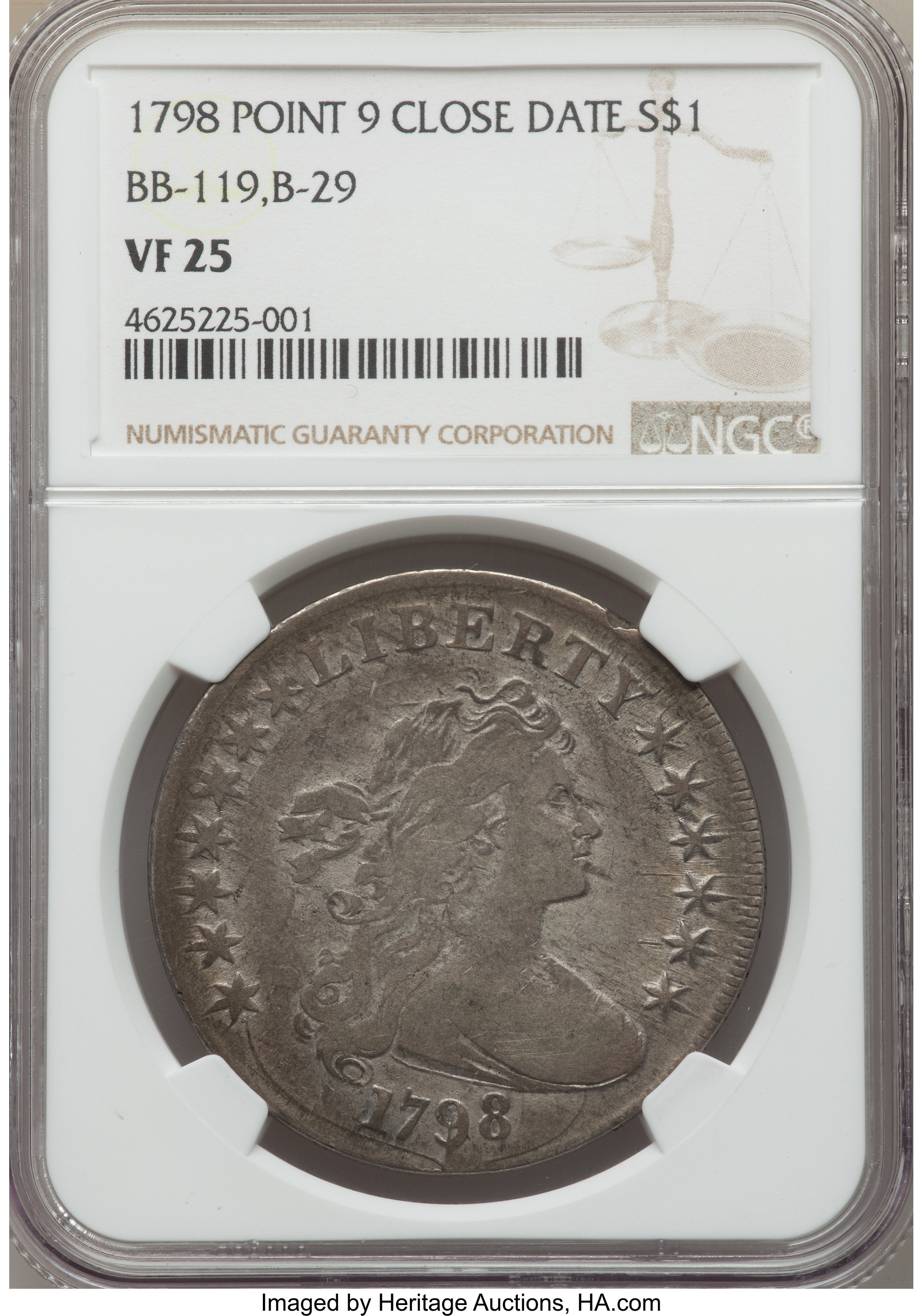 1798 $1 Large Eagle, Pointed 9, Close Date, B-29, BB-119, R.4, VF25 NGC. ...