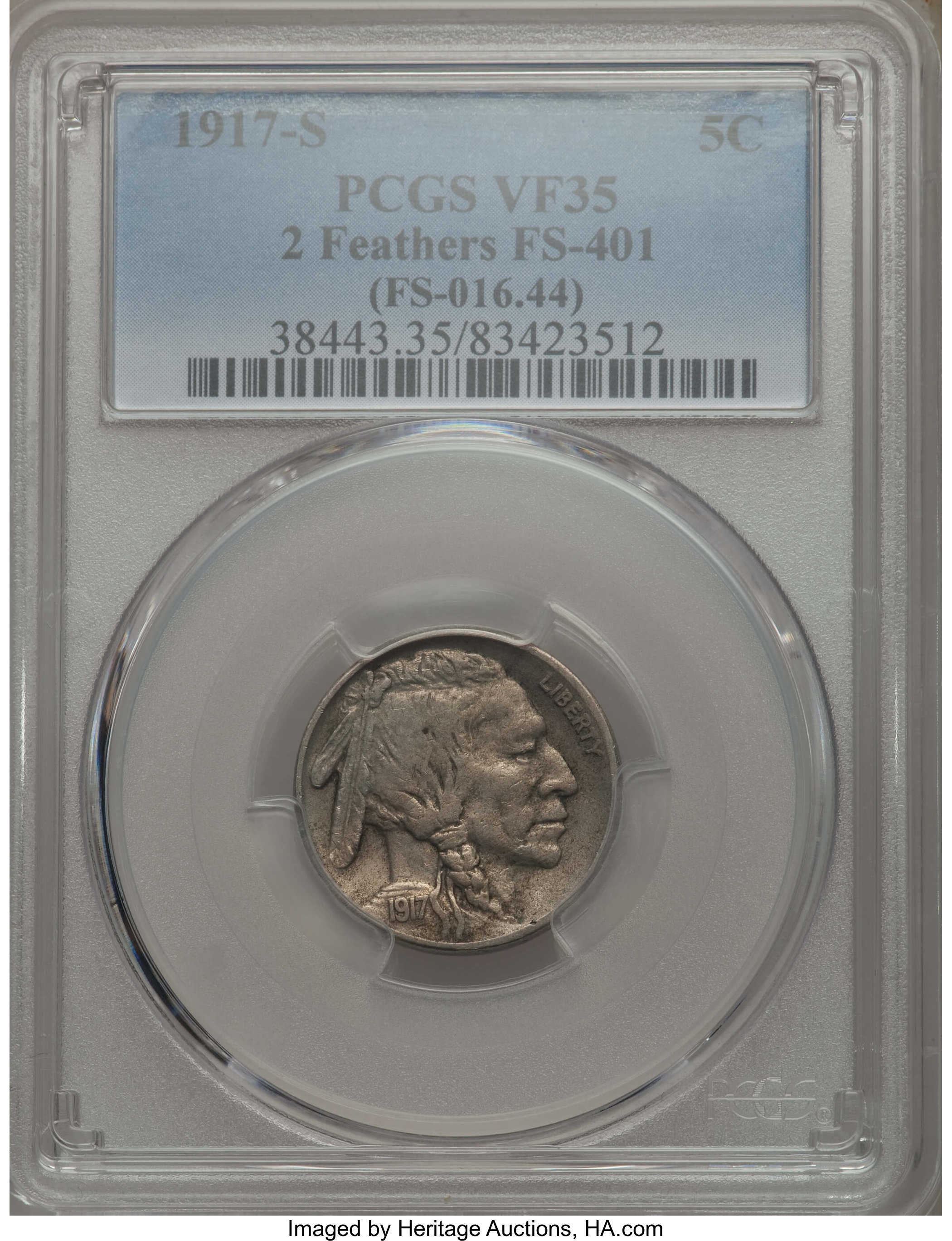1917-S 5C Two Feathers, FS-401 VF35 PCGS. (FS-016.44). PCGS Population: (2/14). NGC Census: (0/0). ...
