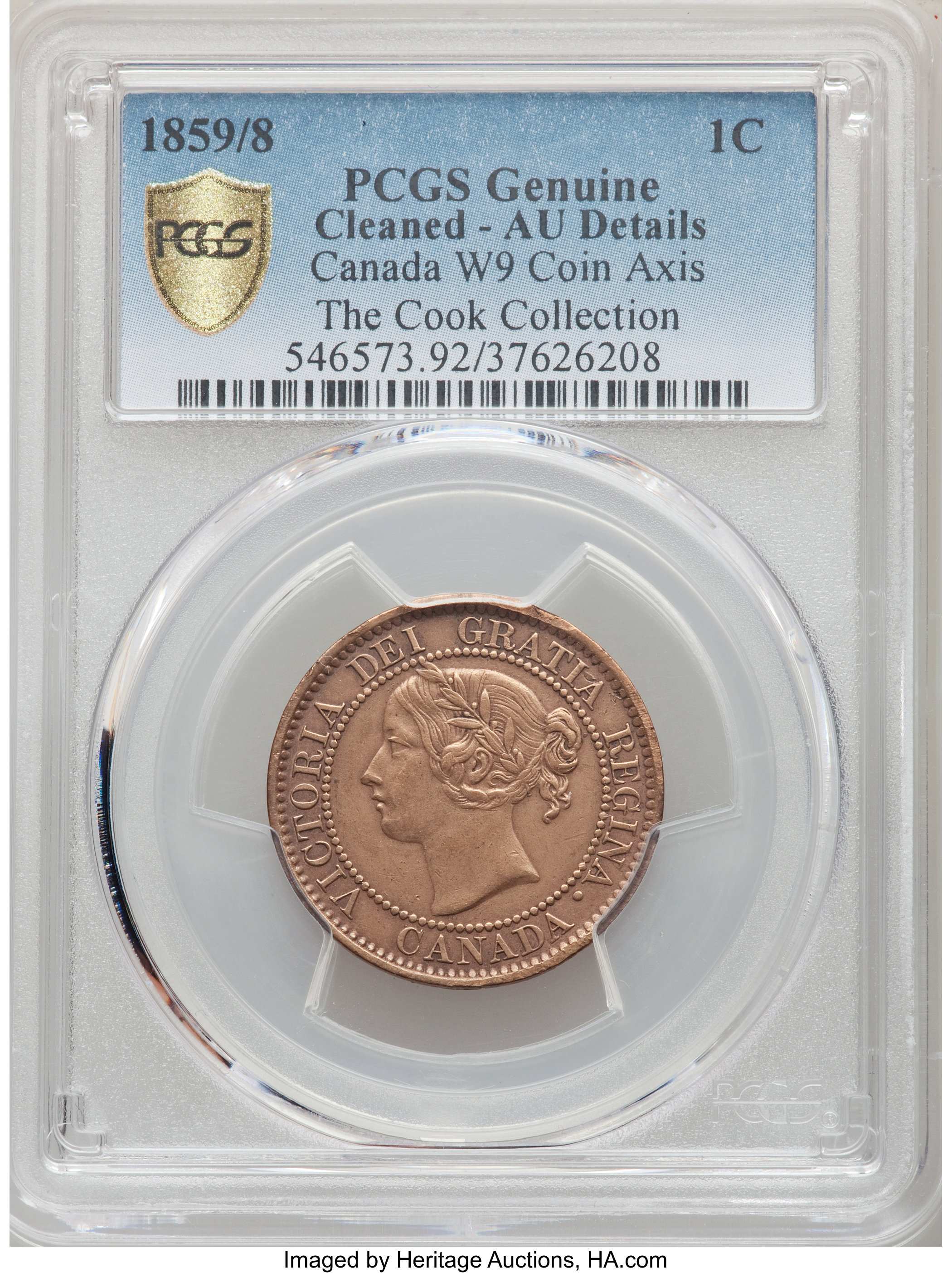 image for: Victoria "Wide 9 - Coin Axis" Cent 1859/8 AU Details (Cleaned) PCGS
