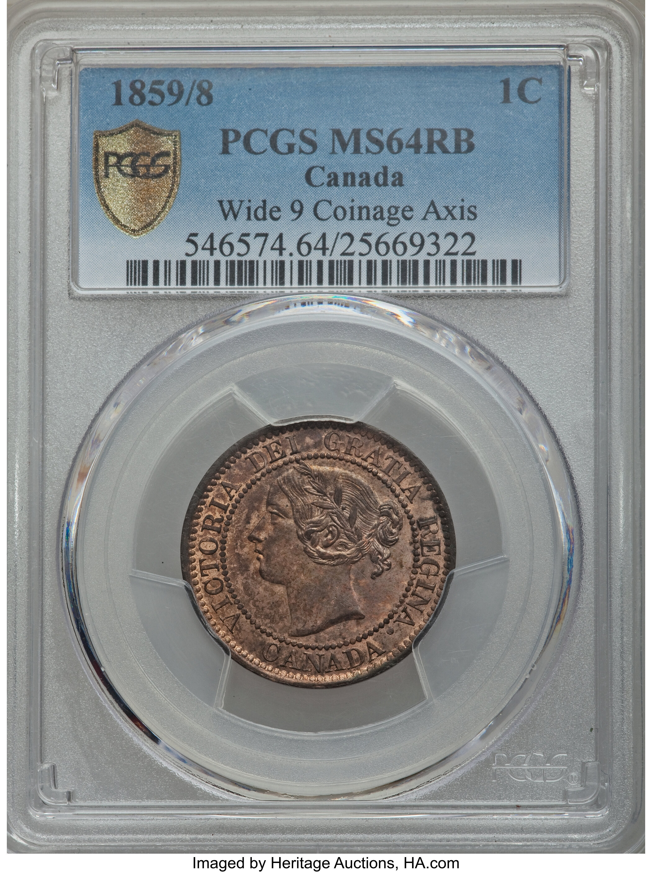 1859/8 1c Province of Canada, Coin Alignment, Wide 9 MS RB MS62 RB thumbnail 2