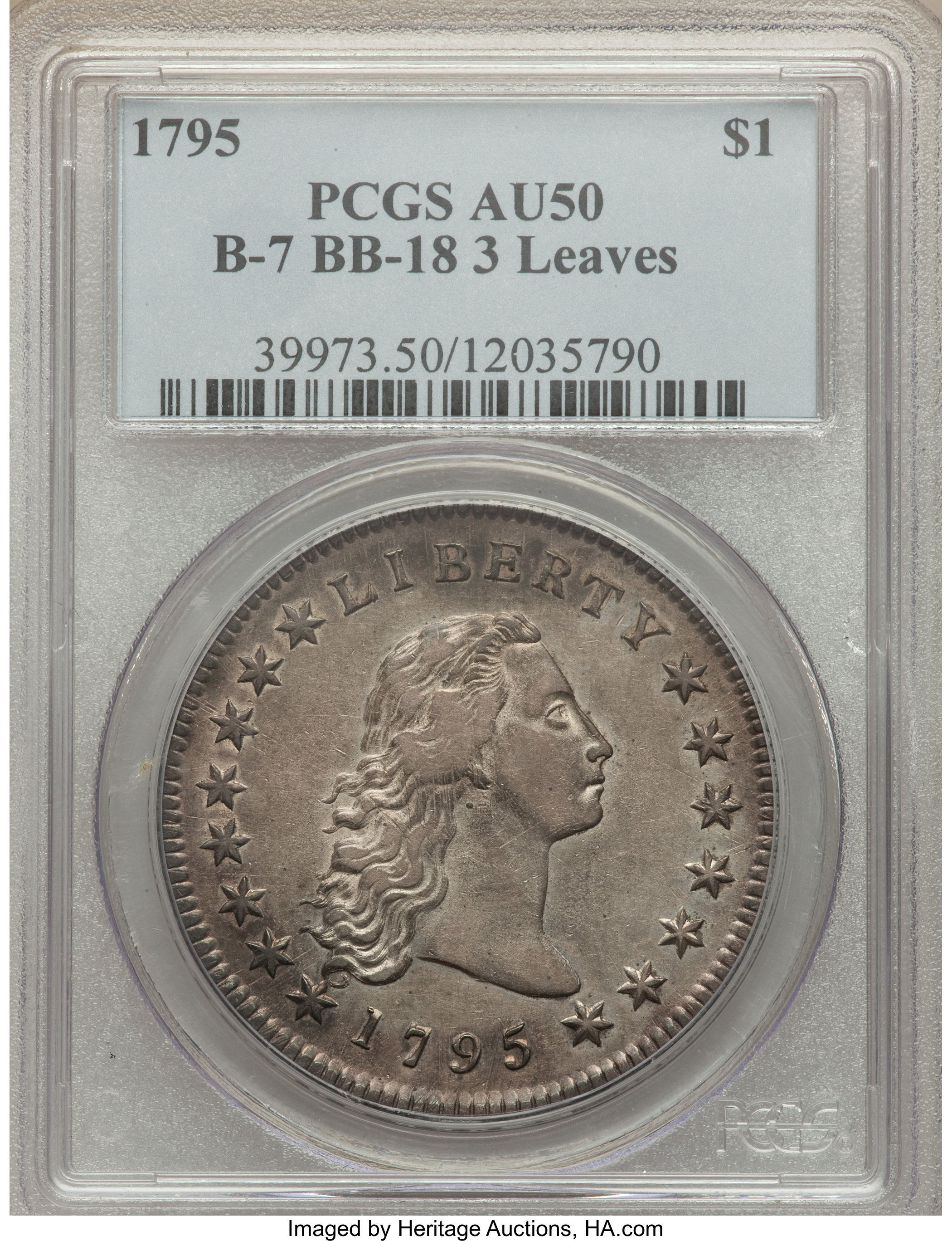 1795 $1  Flowing Hair, 3 Leaves, B-7, BB-18 AU53 thumbnail 7