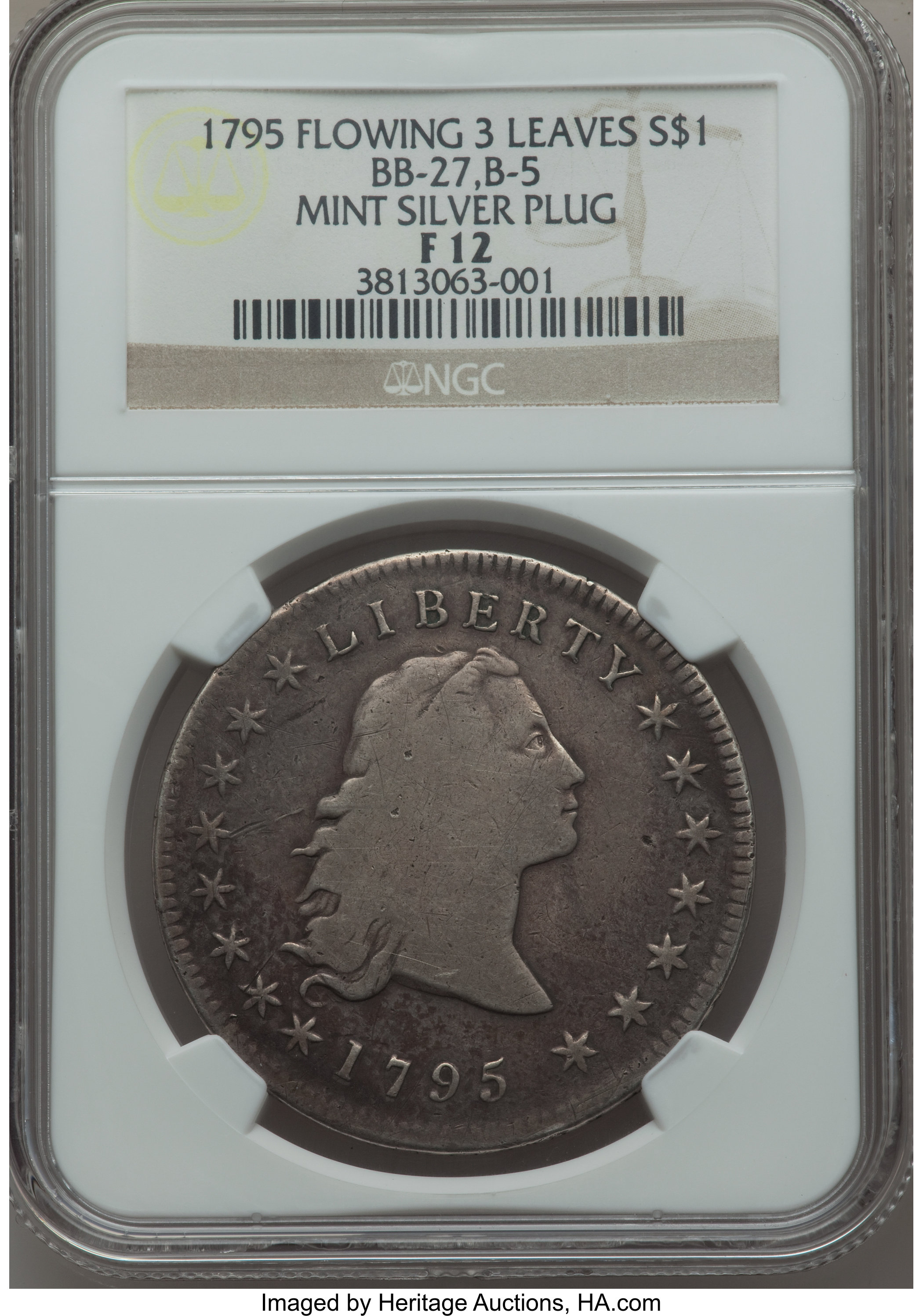 1795 $1  Flowing Hair, Silver Plug, 2 Leaves, B-5, BB-27 VF20 CAC thumbnail 4