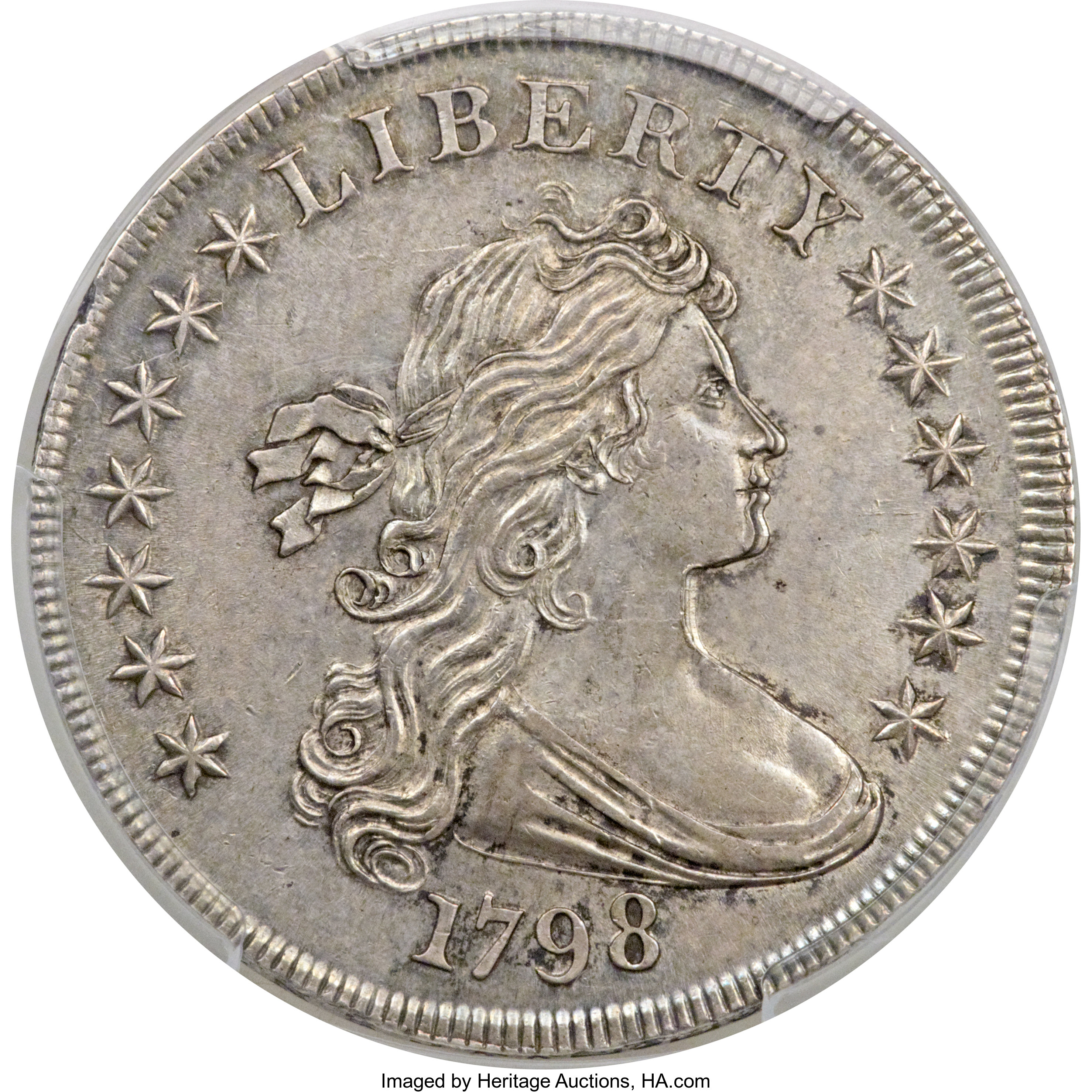 1798 $1 Large Eagle, Pointed 9, Close Date, B-27, BB-113, R.2, MS62 PCGS Secure. ...