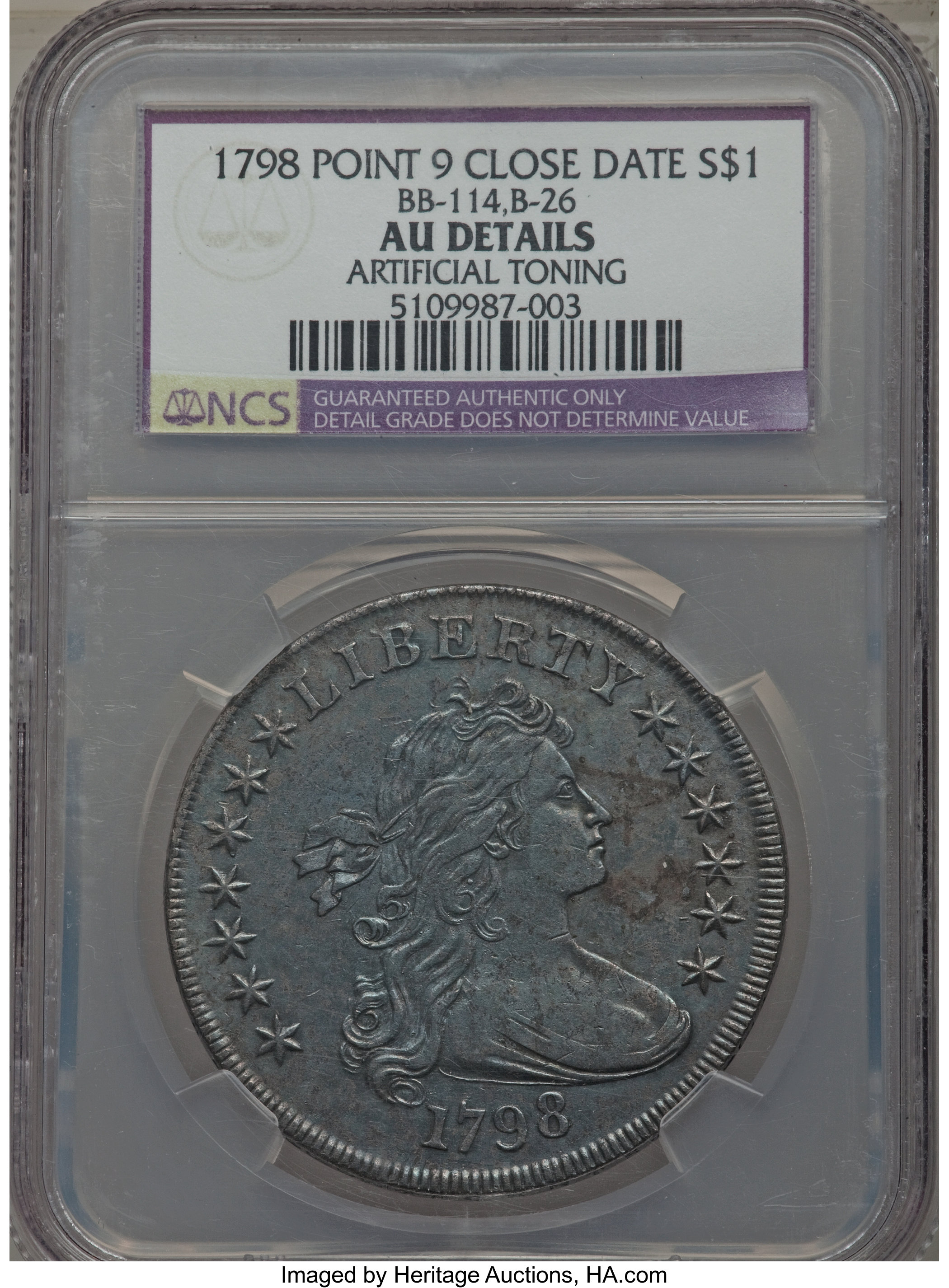 1798 $1  Large Eagle, Pointed 9, Close Date, B-26, BB-114 AU50 thumbnail 9