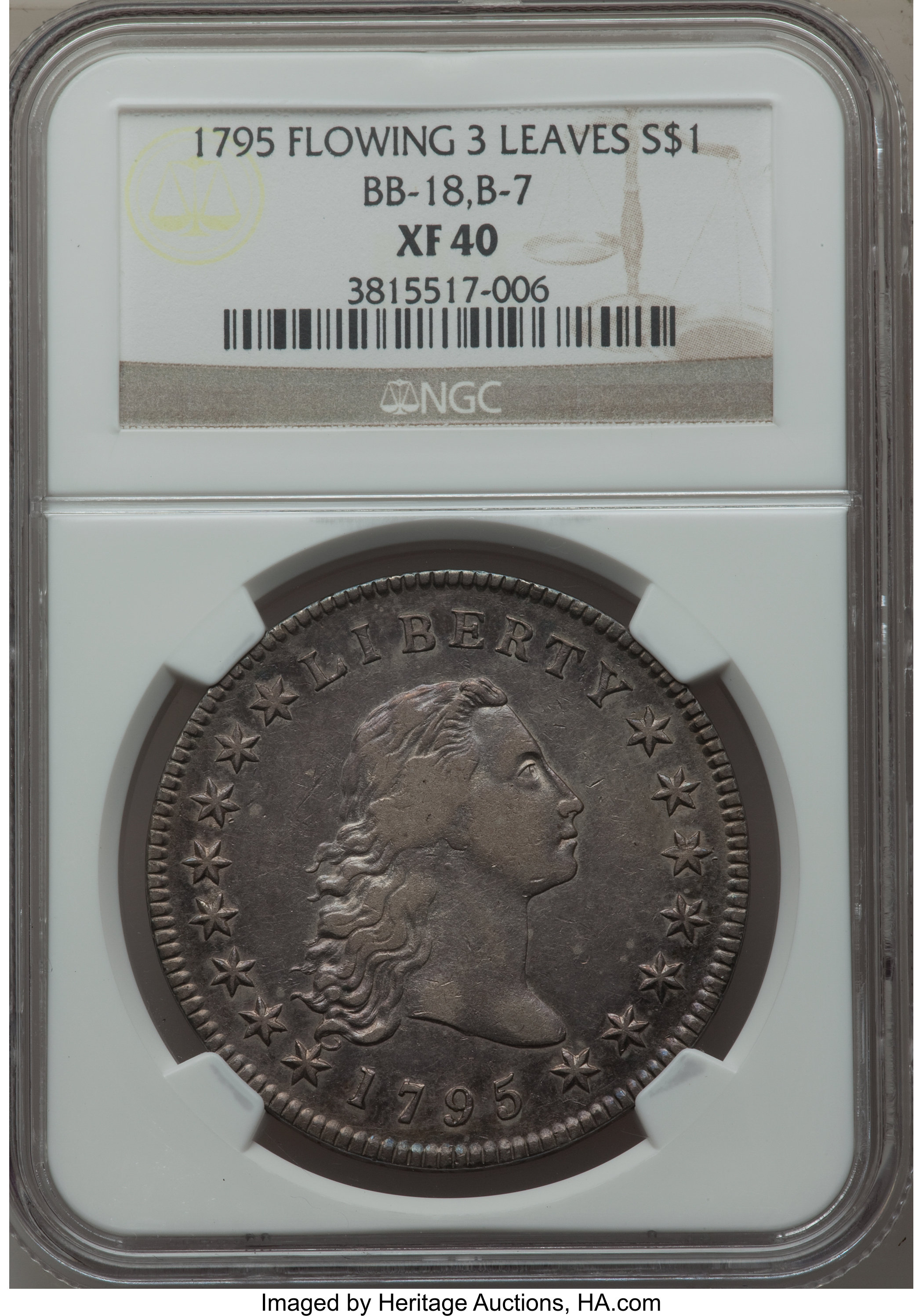 1795 $1  Flowing Hair, 3 Leaves, B-7, BB-18 XF40 thumbnail 8