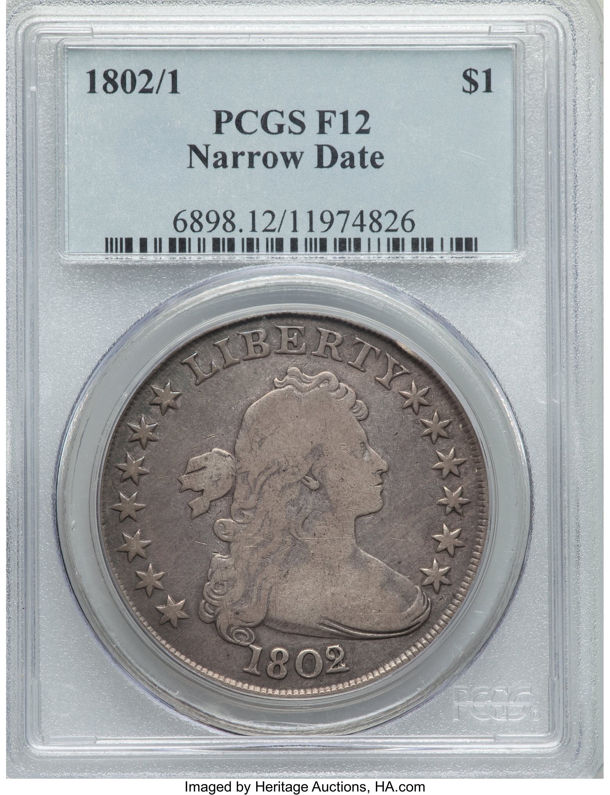 1802/1 $1 Narrow Date, B-4, BB-232, R.3, Fine 12 PCGS. ...
