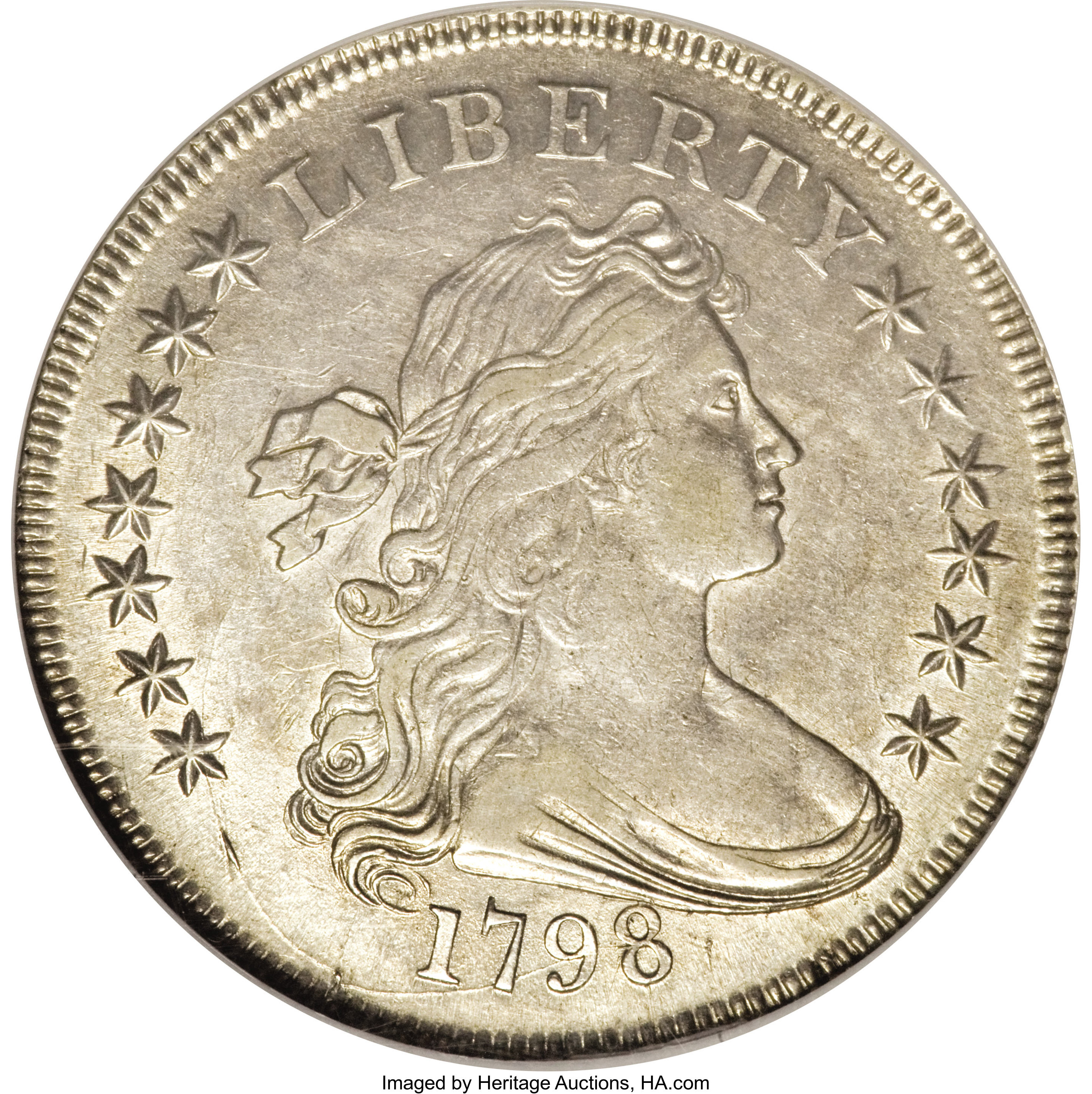 1798 $1 Knob 9, 5 Vertical Lines, 10 Arrows, B-6, BB-96, R.3 AU55 NGC. ...