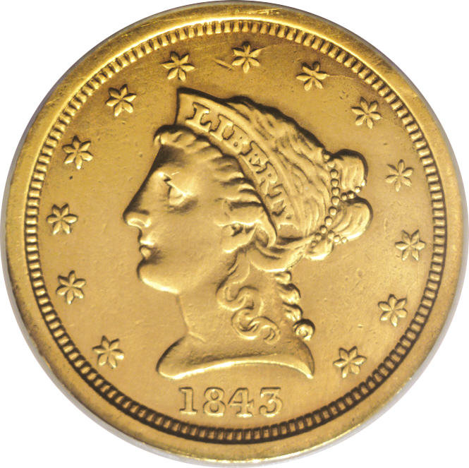 1843-C $2 1/2 Small Date, Crosslet 4--Altered Surface--NCS. XF Details. Variety 4-C. Cloudy yellow-gold surfaces display a ...