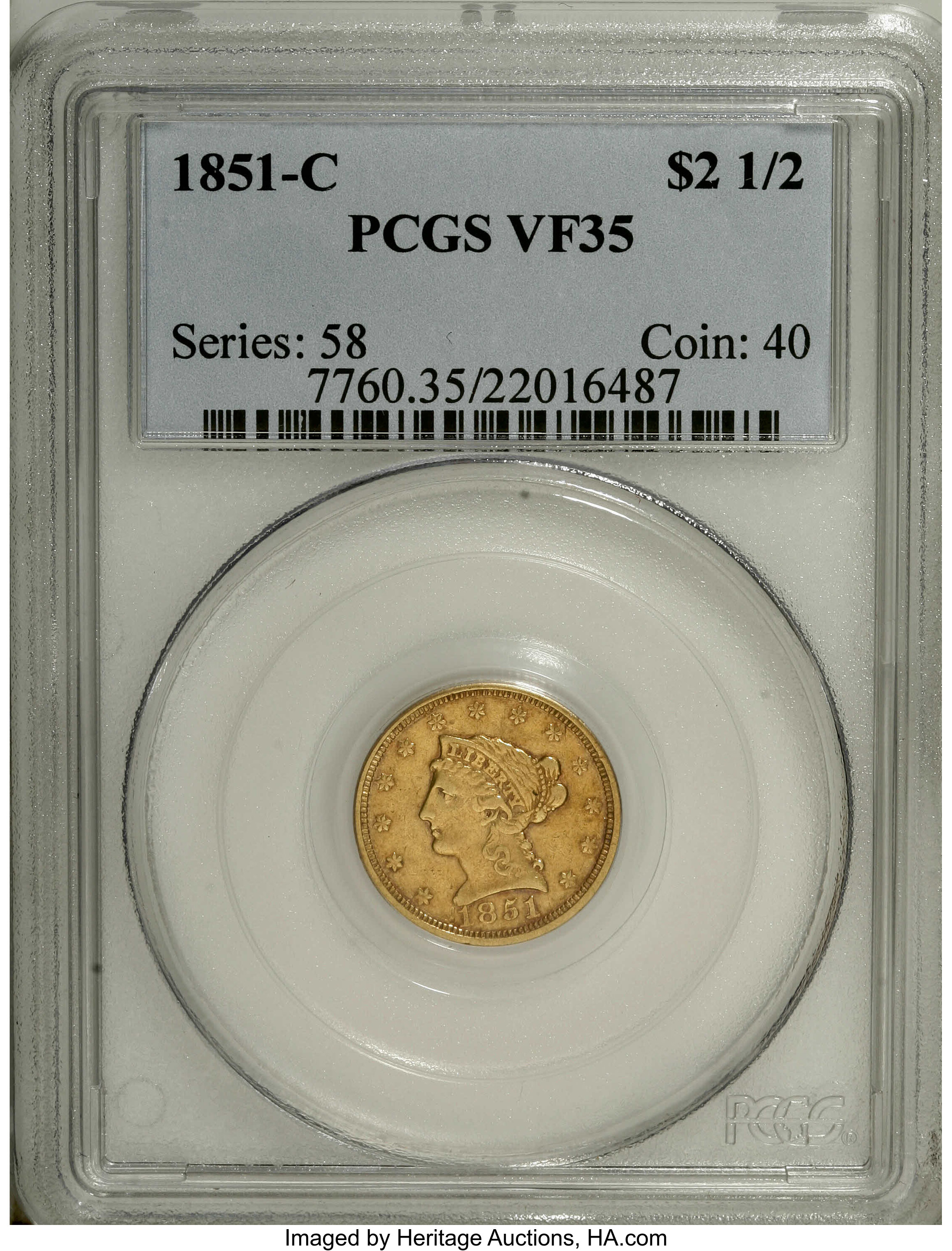 1851-C $2 1/2 VF35 PCGS. Variety 13-G. A degree of even wear affects both sides of this Choice VF example. Scattered handli...