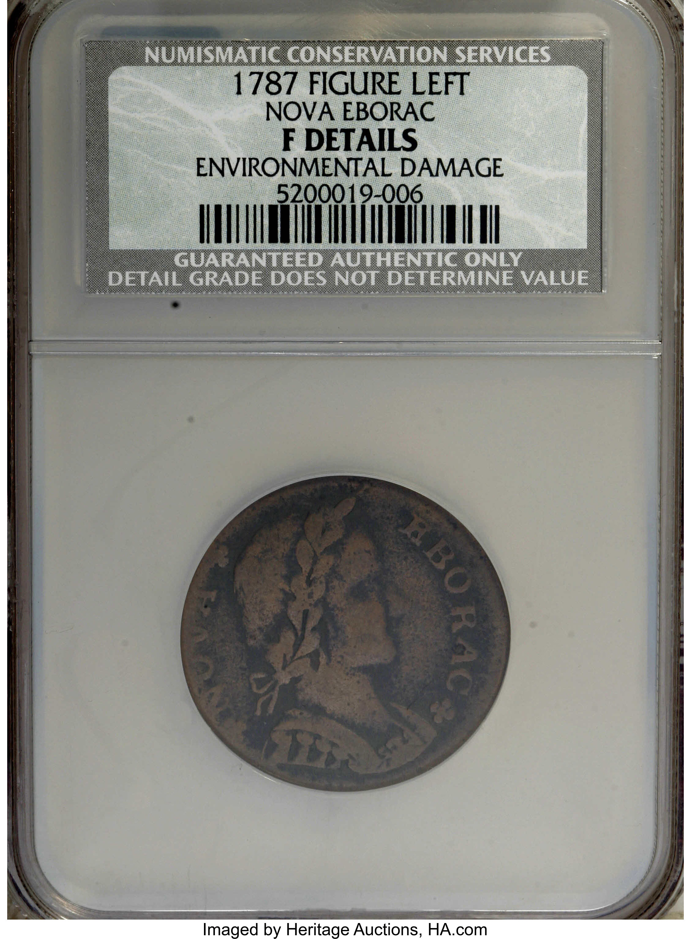 1787 COPPER Nova Eborac Copper, Seated Left--Environmental Damage--NCS. Fine Details. NGC Census: (0/0). PCGS Population (0...