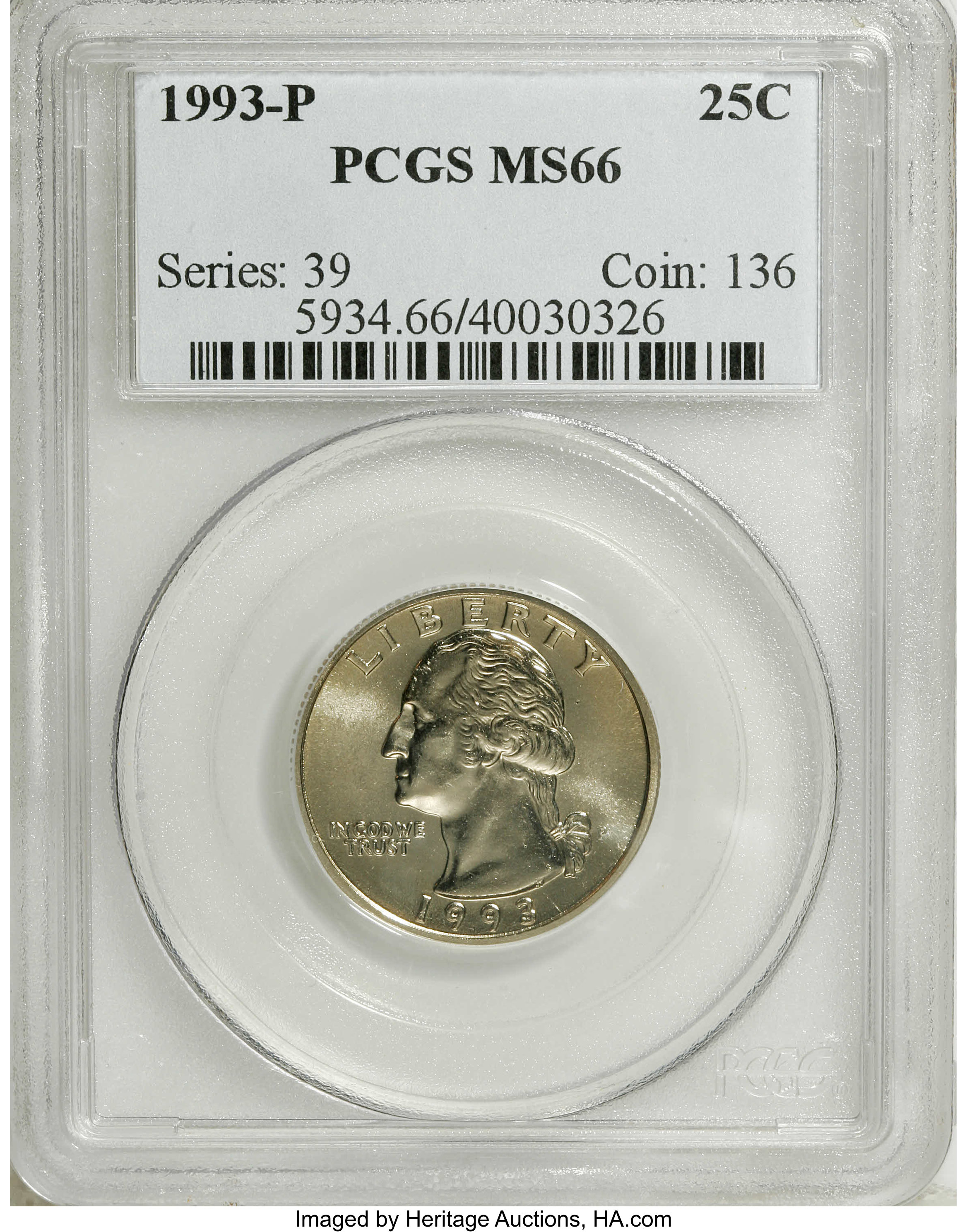 1993-P 25C MS66 PCGS. PCGS Population (114/10). NGC Census: (25/23). Mintage: 639,276,032. Numismedia Wsl. Price: $15. (#59...
