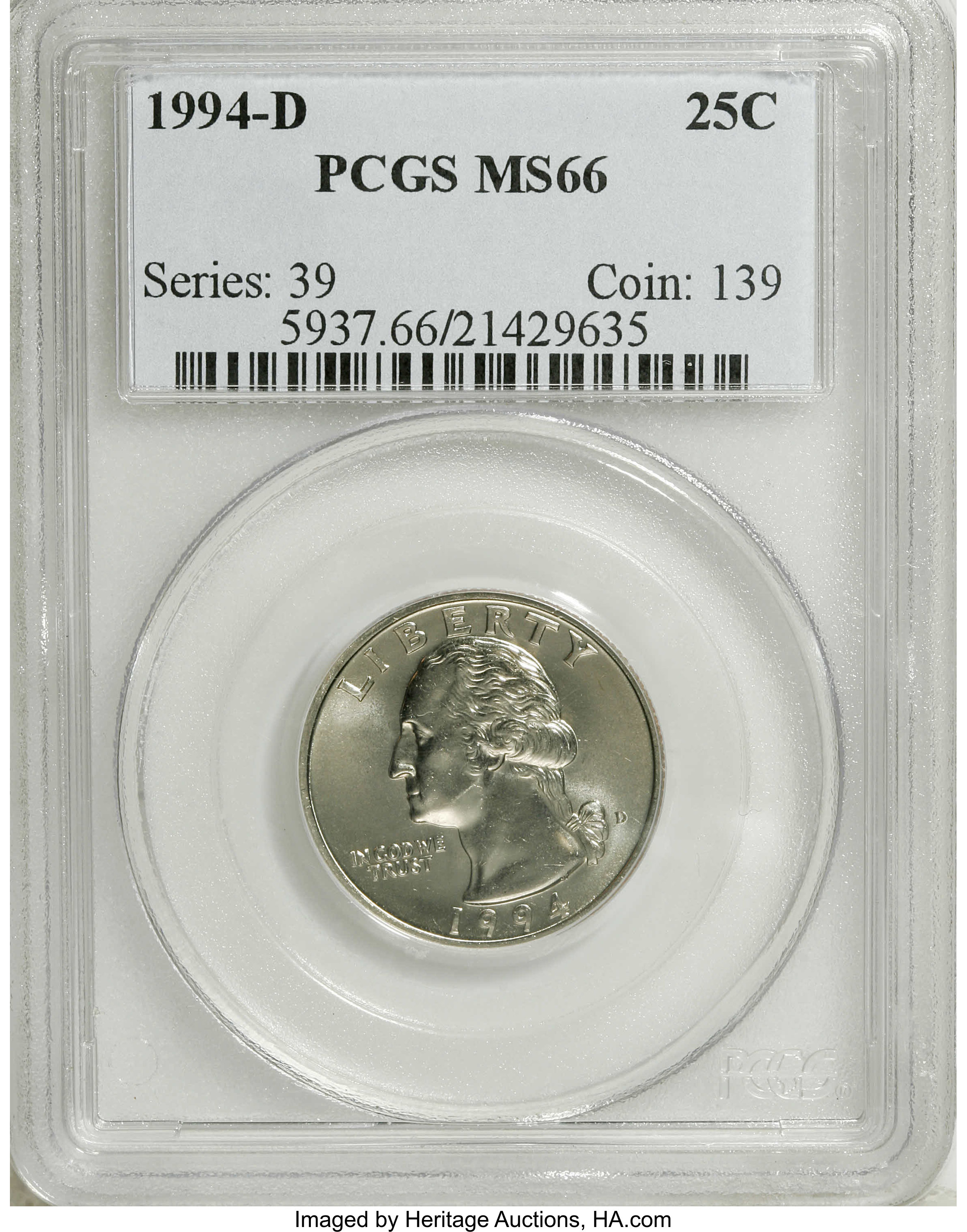1994-D 25C MS66 PCGS. PCGS Population (44/3). NGC Census: (20/4). Mintage: 880,034,112. Numismedia Wsl. Price: $125. (#5937...