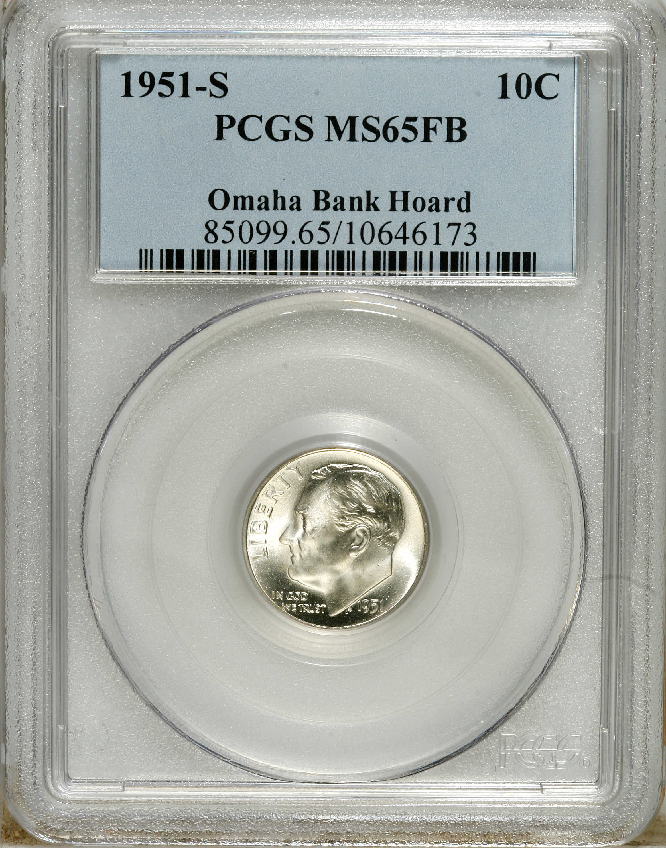 1951-S 10C MS65 Full Bands PCGS. PCGS Population (10/111). NGC Census: (0/0). Mintage: 31,630,000. (#85099)...