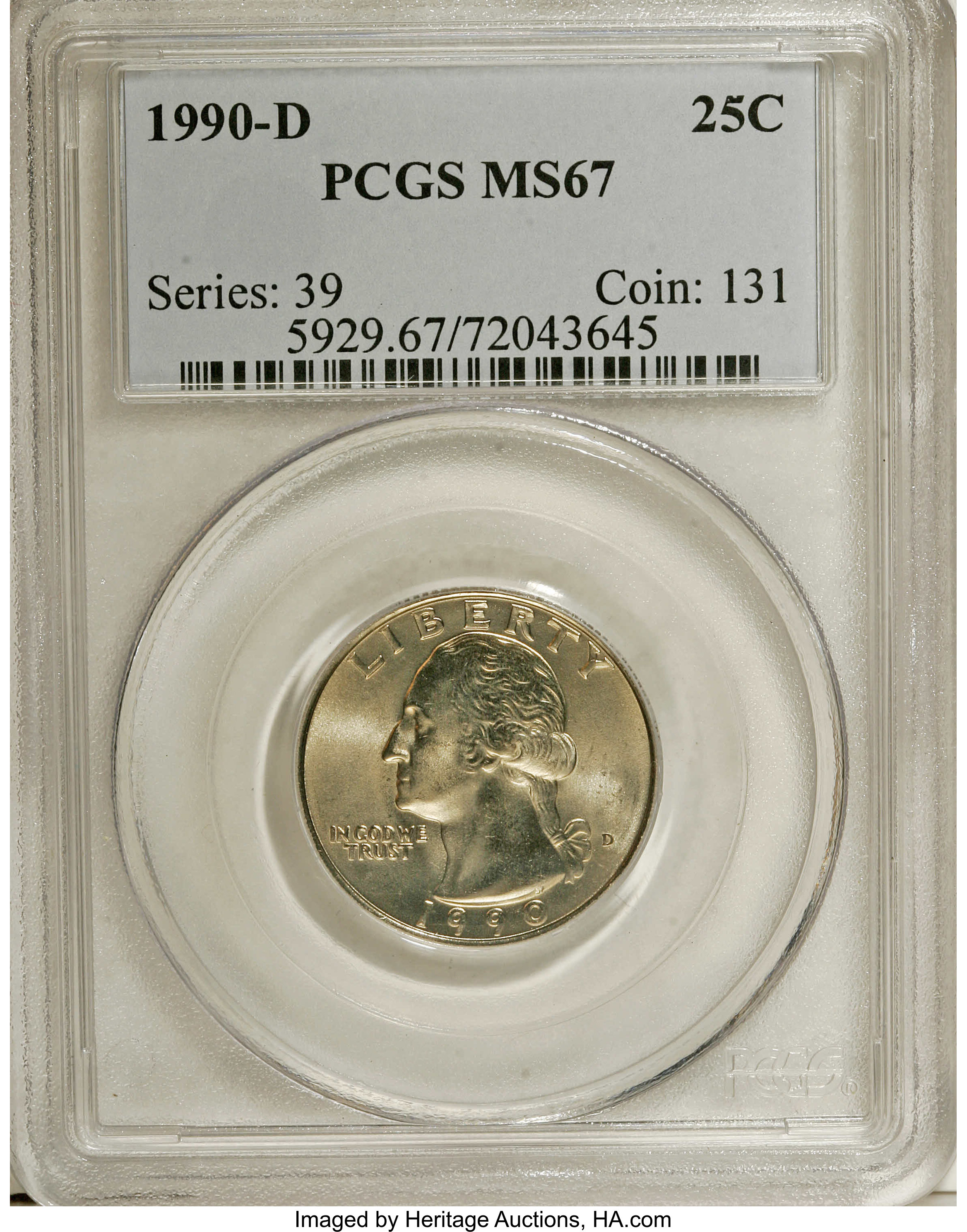 1990-D 25C MS67 PCGS. PCGS Population (18/0). NGC Census: (5/1). Mintage: 927,638,208. (#5929)...
