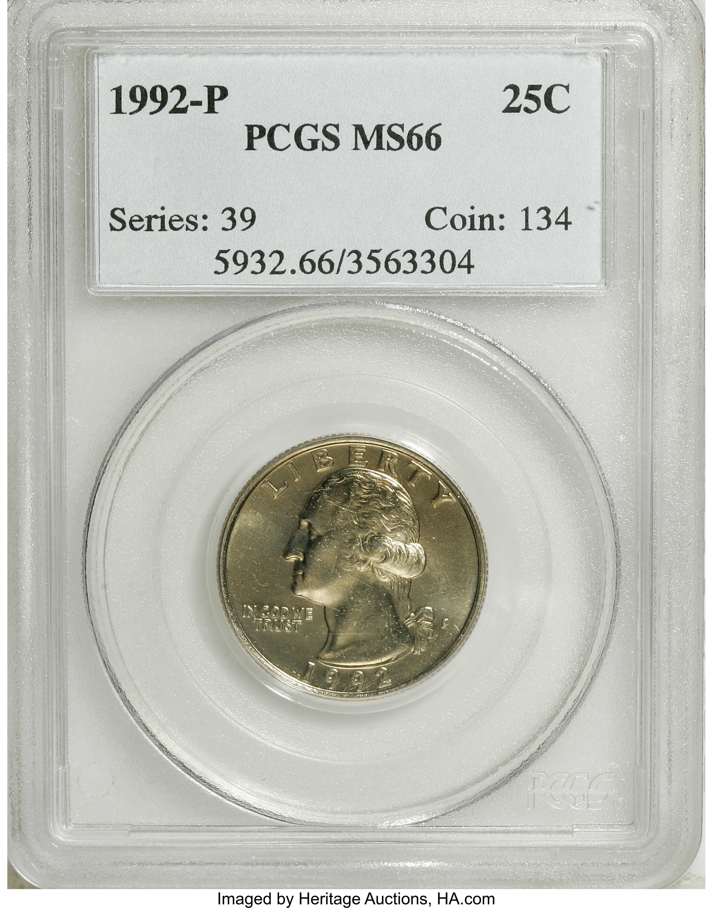 1992-P 25C MS66 PCGS. PCGS Population (56/1). NGC Census: (16/2). Mintage: 384,764,000. Numismedia Wsl. Price: $200. (#5932...