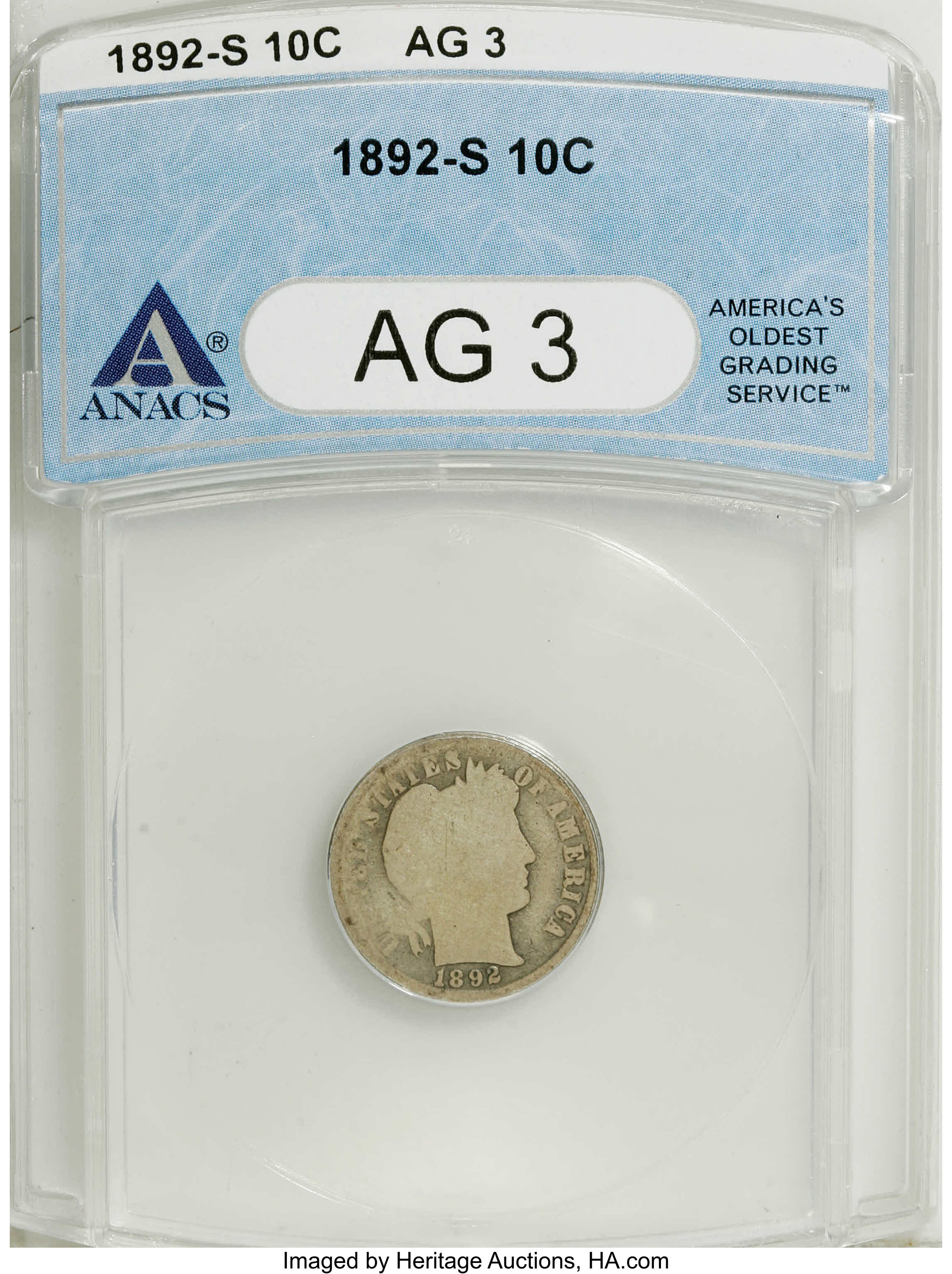 1892-S 10C AG3 ANACS. NGC Census: (0/71). PCGS Population (1/117). Mintage: 990,710. Numismedia Wsl. Price: $32. (#4798)...