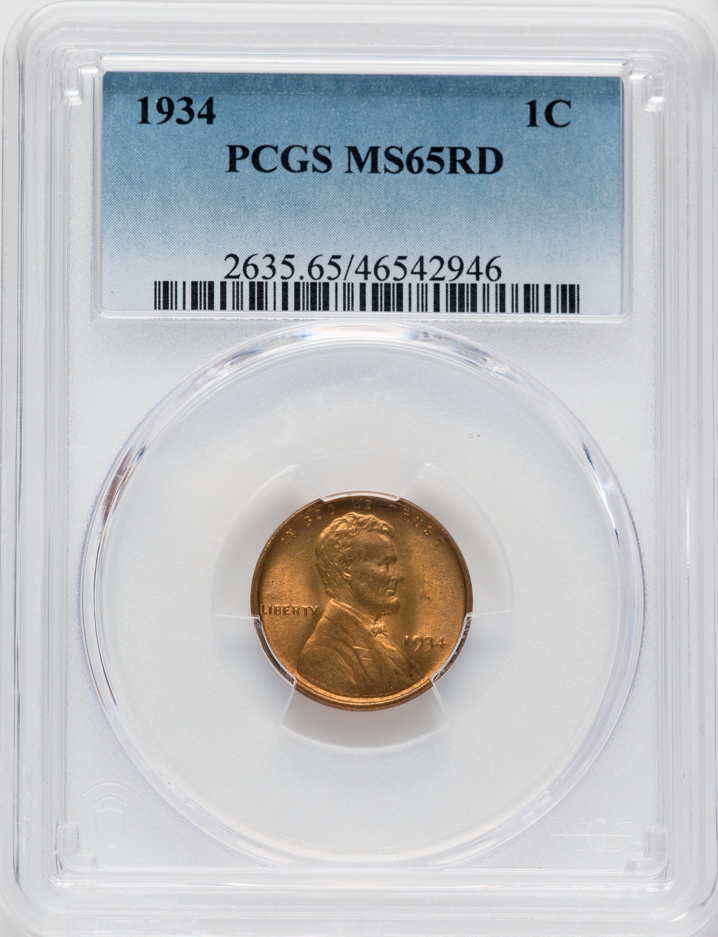 1934 1C MS65 Red PCGS. PCGS Population: (1458/2512). NGC Census: (504/1734). CDN: $25 Whsle. Bid for NGC/PCGS MS65. Mintage...