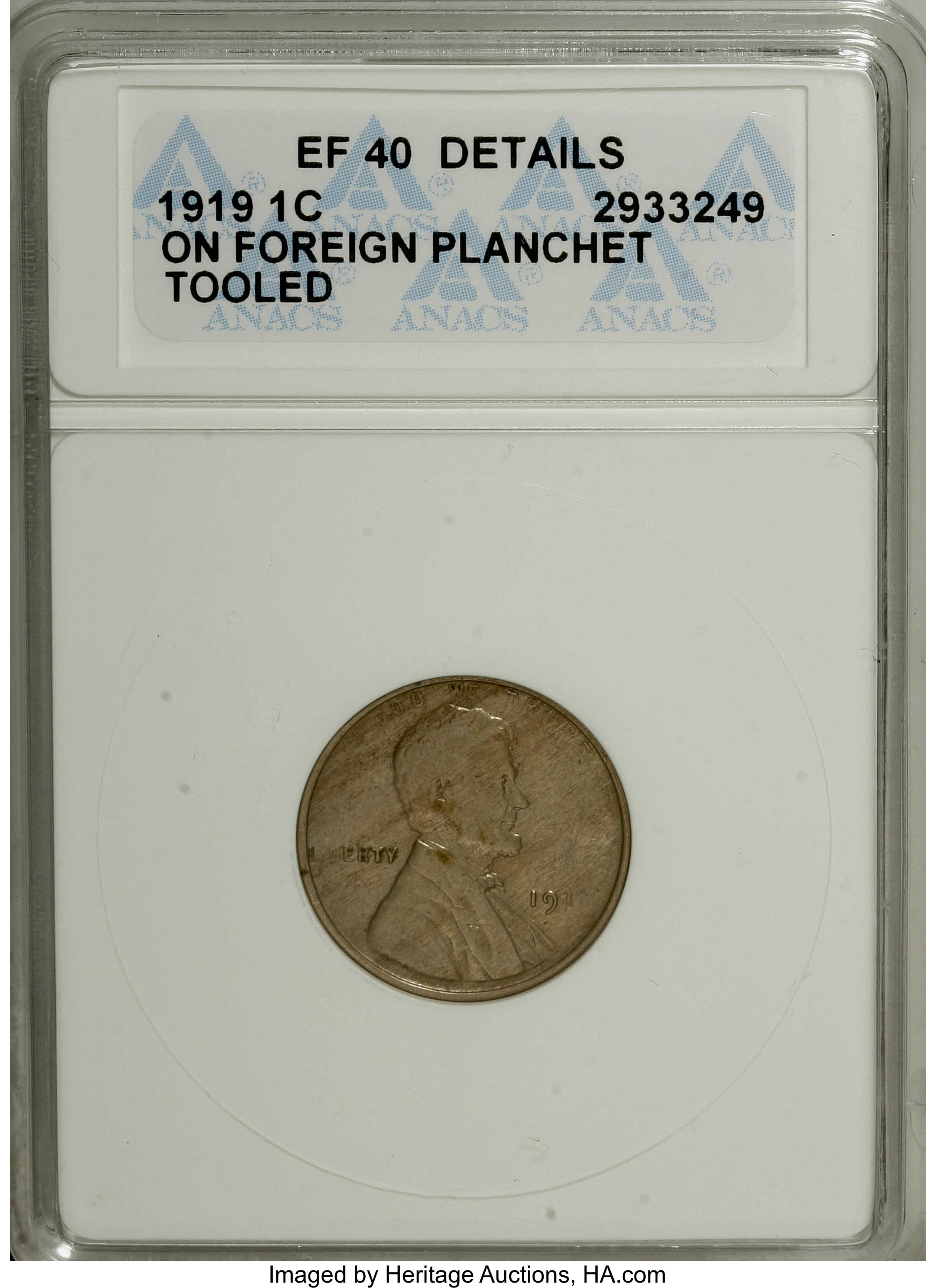 1919 1C Lincoln Cent--Struck on Foreign Planchet, Tooled--ANACS. XF40 Details. A weakly struck olive-brown error struck on ...