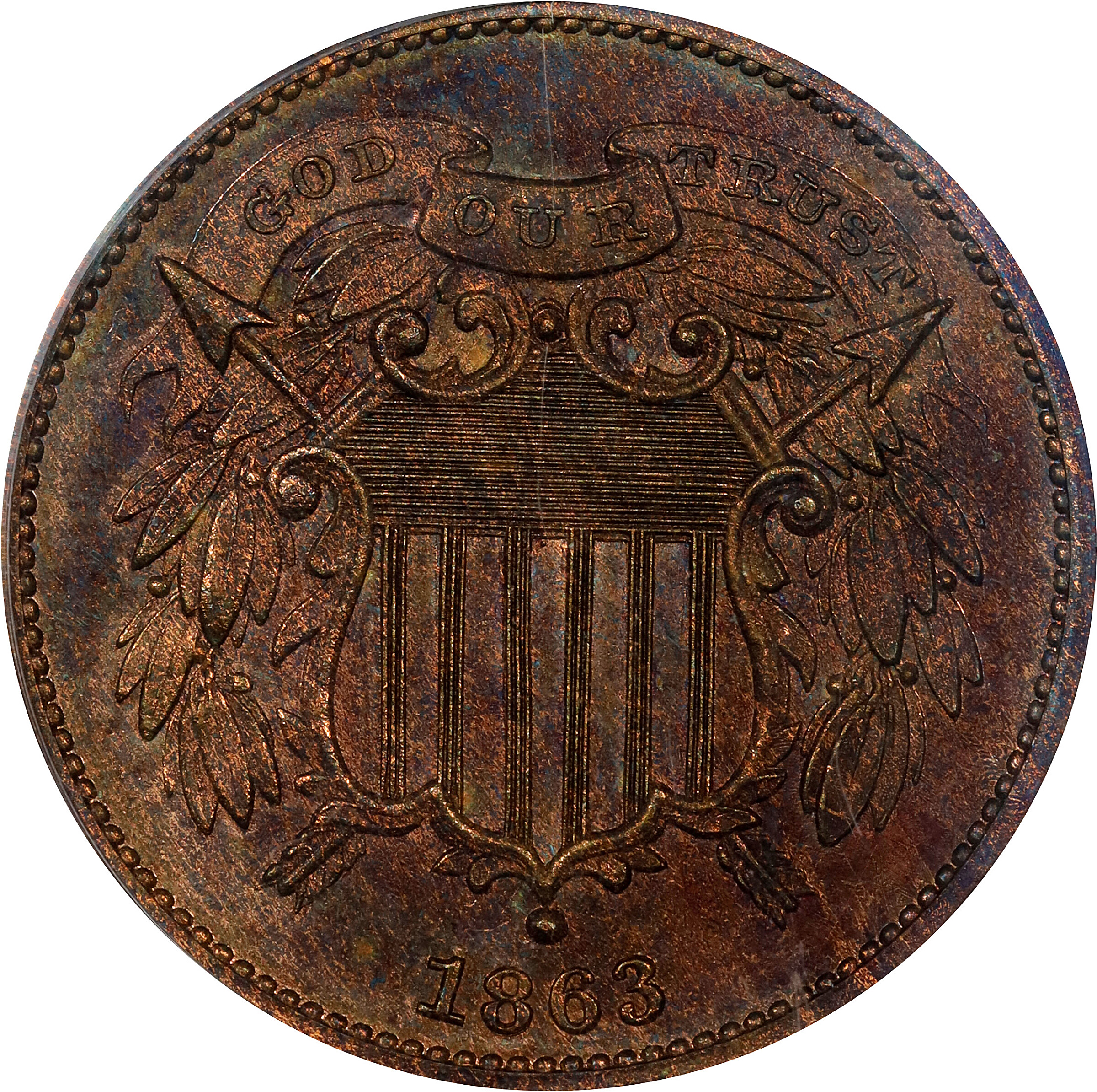 1863 Pattern Two-Cent Piece. Judd-312, Pollock-377. Rarity-4. Bronze. Plain Edge. Proof-64 RB (PCGS). OGH Generation 2.0.