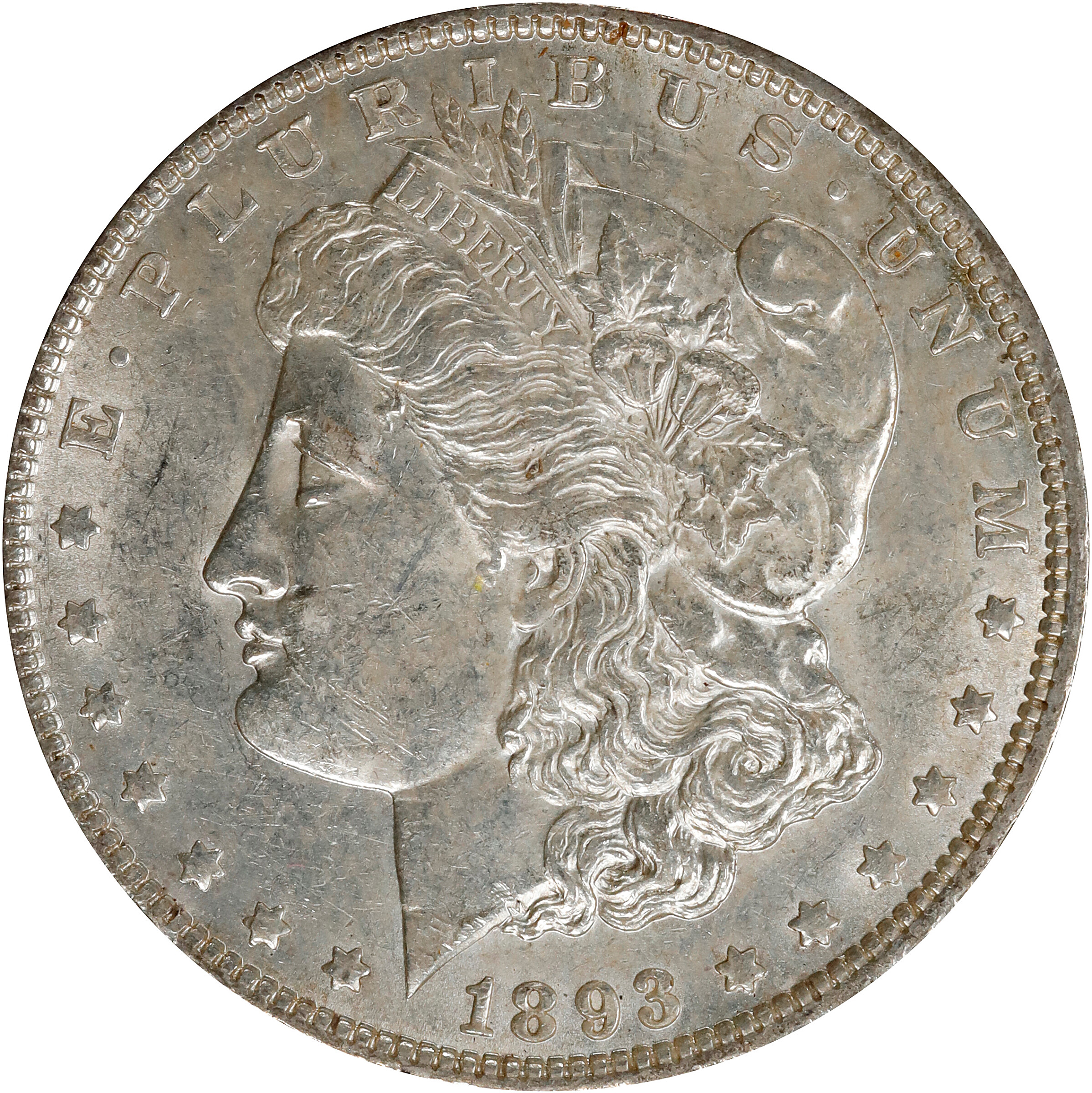 1893 Morgan Silver Dollar. VAM-4. Top 100 Variety. Doubled Die Obverse, Doubled Stars. AU-58 (ICG).
