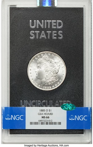 image for: 1885-O $1 GSA MS66 NGC. CAC. NGC Census: (0/0). PCGS Population: (0/0). MS66. Mintage 9,185,000....