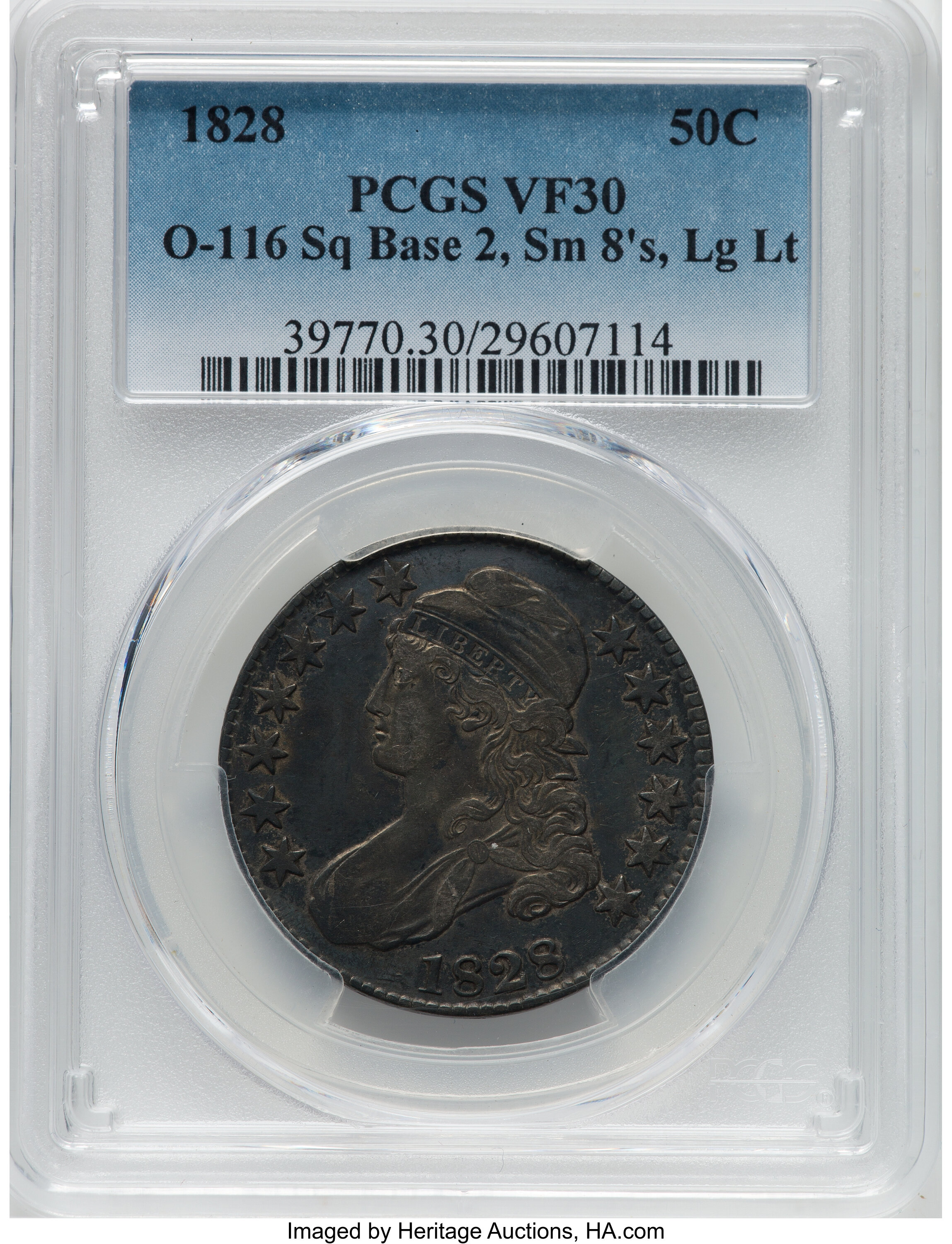 1828 50C Square Base 2, Small 8s, Large Letters, O-116, R.2, VF30 PCGS. PCGS Population: (3/26). NGC Census: (5/28). CDN: $...