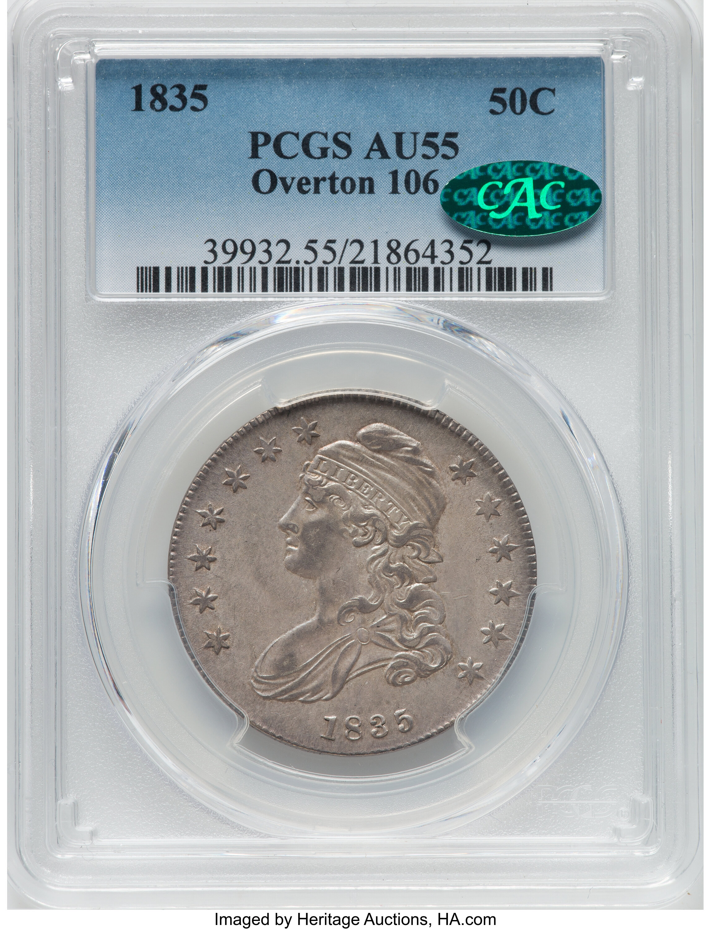 1835 50C O-106, R.1, AU55 PCGS. CAC. PCGS Population: (4/6). NGC Census: (5/17). CDN: $375 Whsle. Bid for NGC/PCGS AU55. Mi...