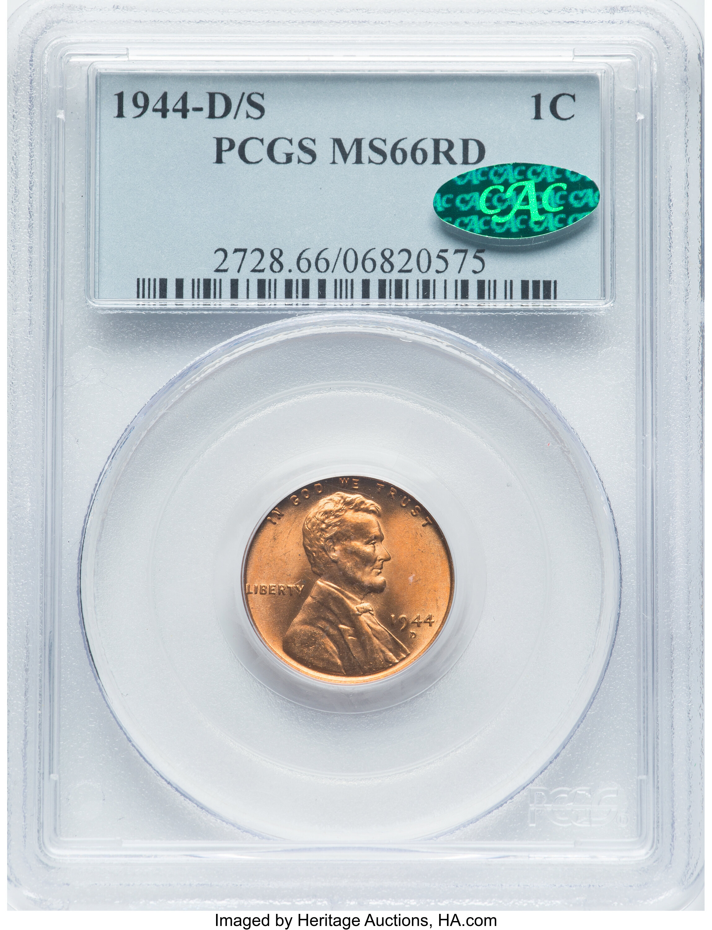 1944-D/S 1C MS66 Red PCGS. CAC. PCGS Population: (12/2). NGC Census: (0/0). CDN: $1,800 Whsle. Bid for NGC/PCGS MS66. Minta...