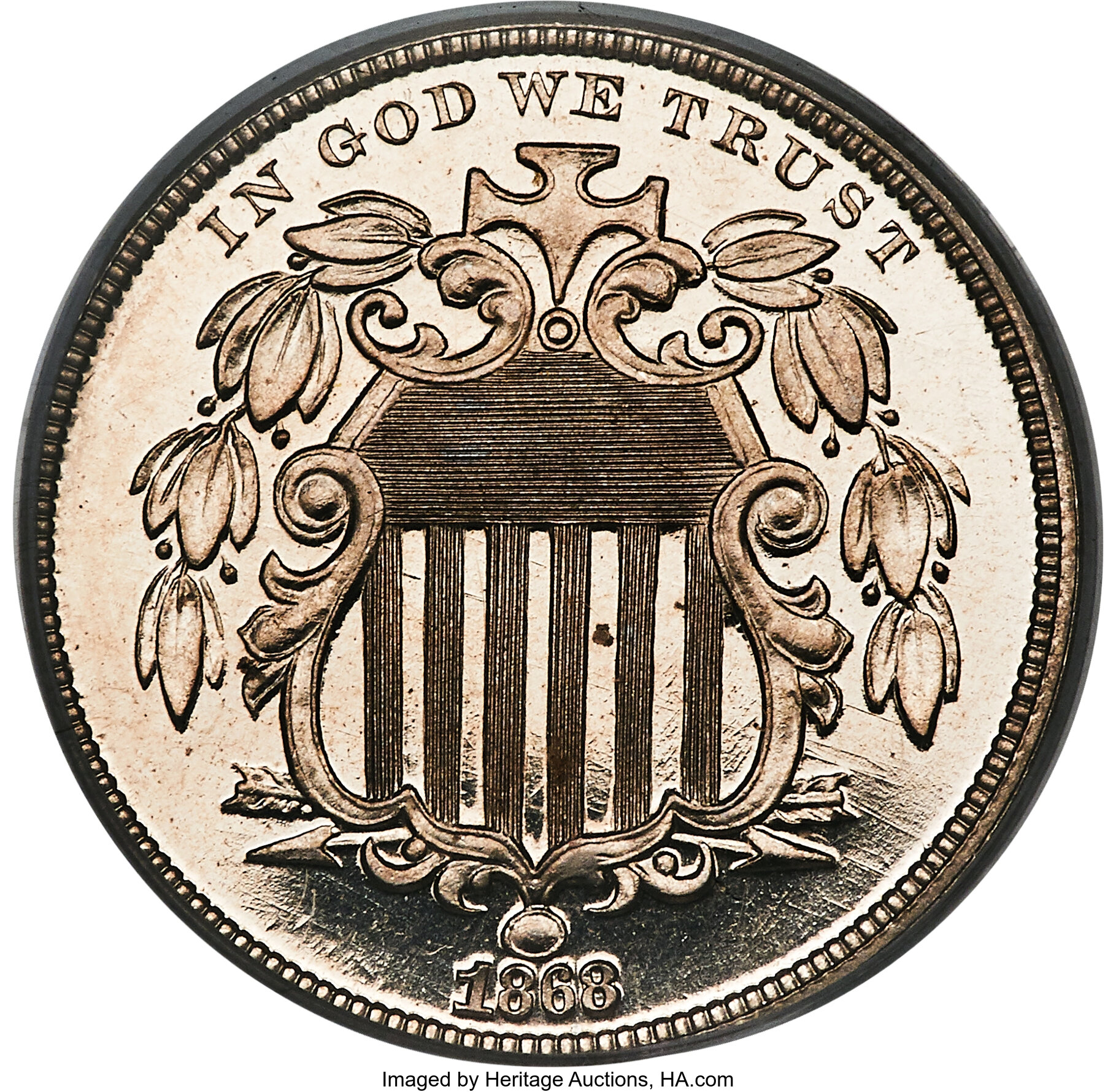 1868 5C PR66 Cameo PCGS. CAC. PCGS Population: (17/0). NGC Census: (17/5). PR66. ...