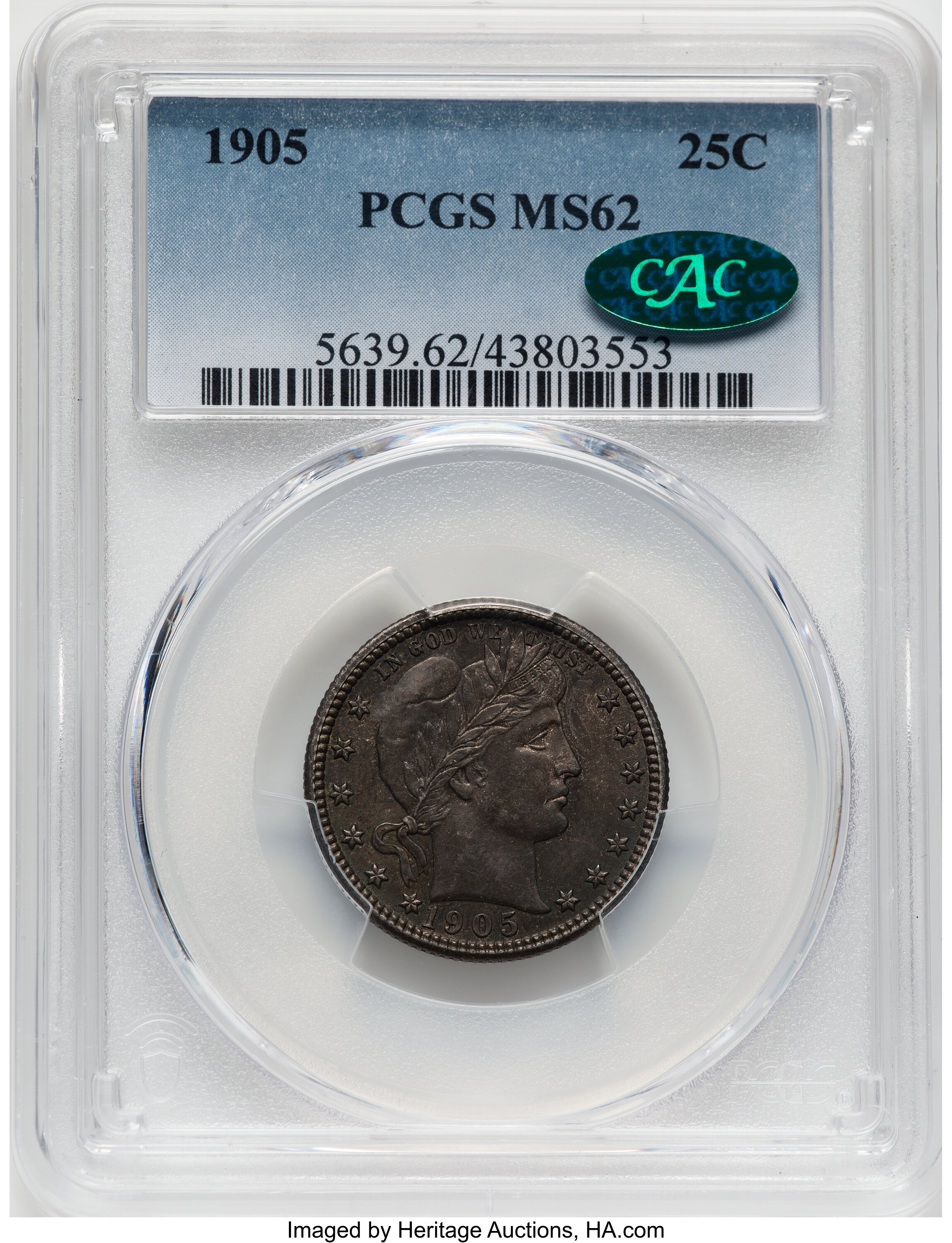 1905 25C MS62 PCGS. CAC. PCGS Population: (32/121). NGC Census: (30/86). CDN: $260 Whsle. Bid for NGC/PCGS MS62. Mintage 4,...