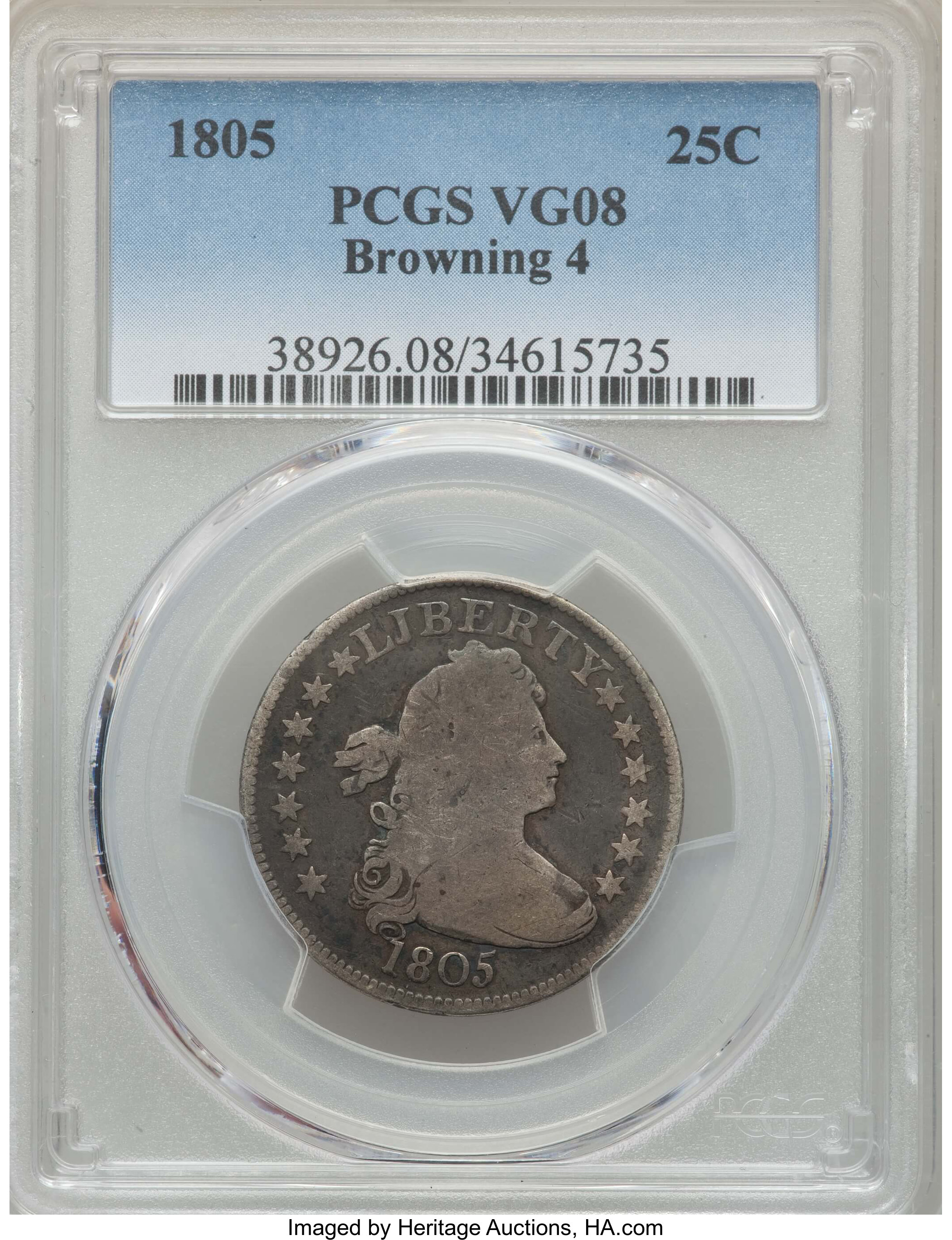 1805 25C B-4, Low R.4, VG8 PCGS. PCGS Population: (2/9). NGC Census: (4/14). VG8 . Mintage 121,394. ...