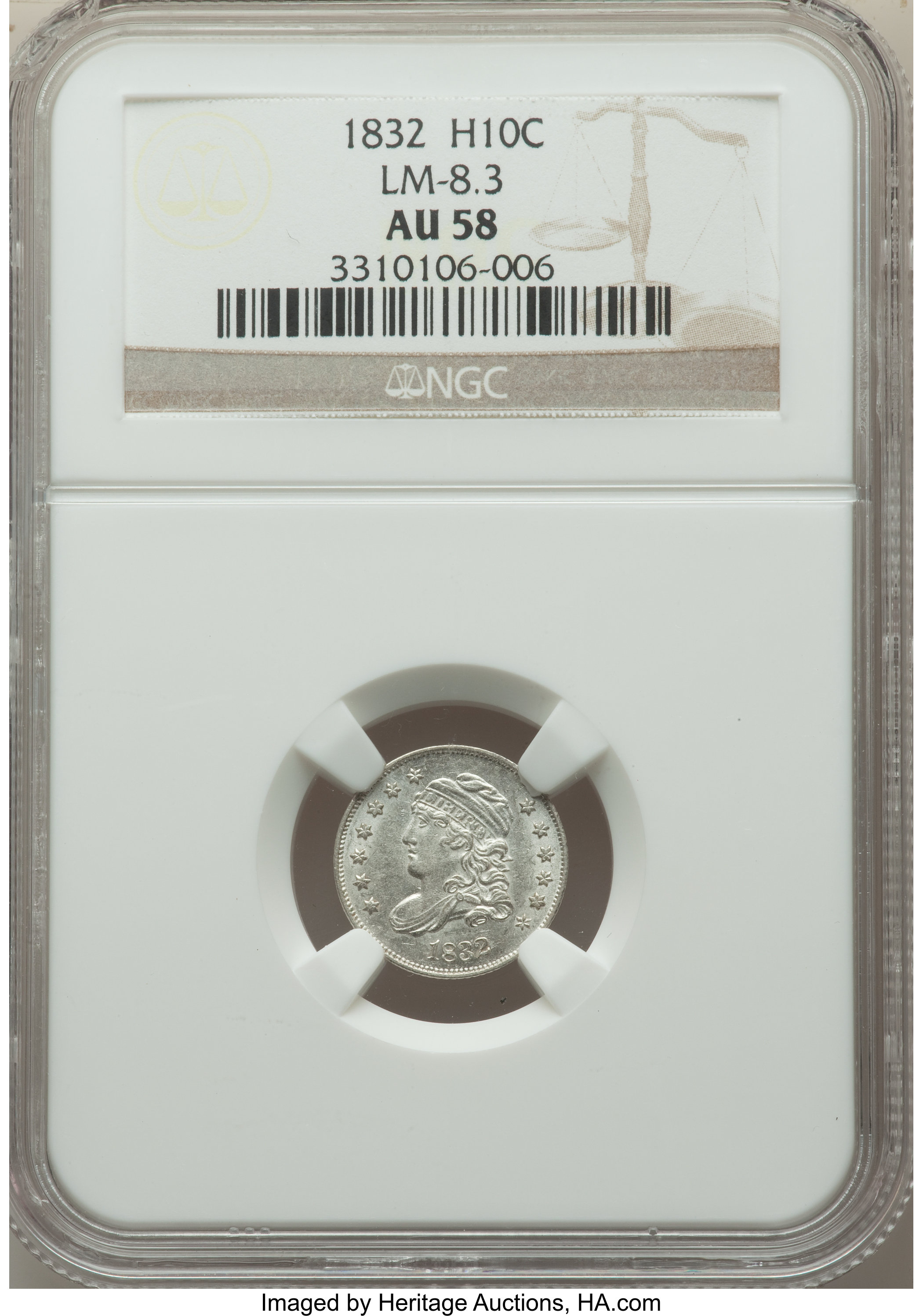 image for: 1832 H10C V-5, LM-8.3, R.3, AU58 NGC. NGC Census: (1/0). PCGS Population: (1/0). AU58. Mintage 965,000. ...