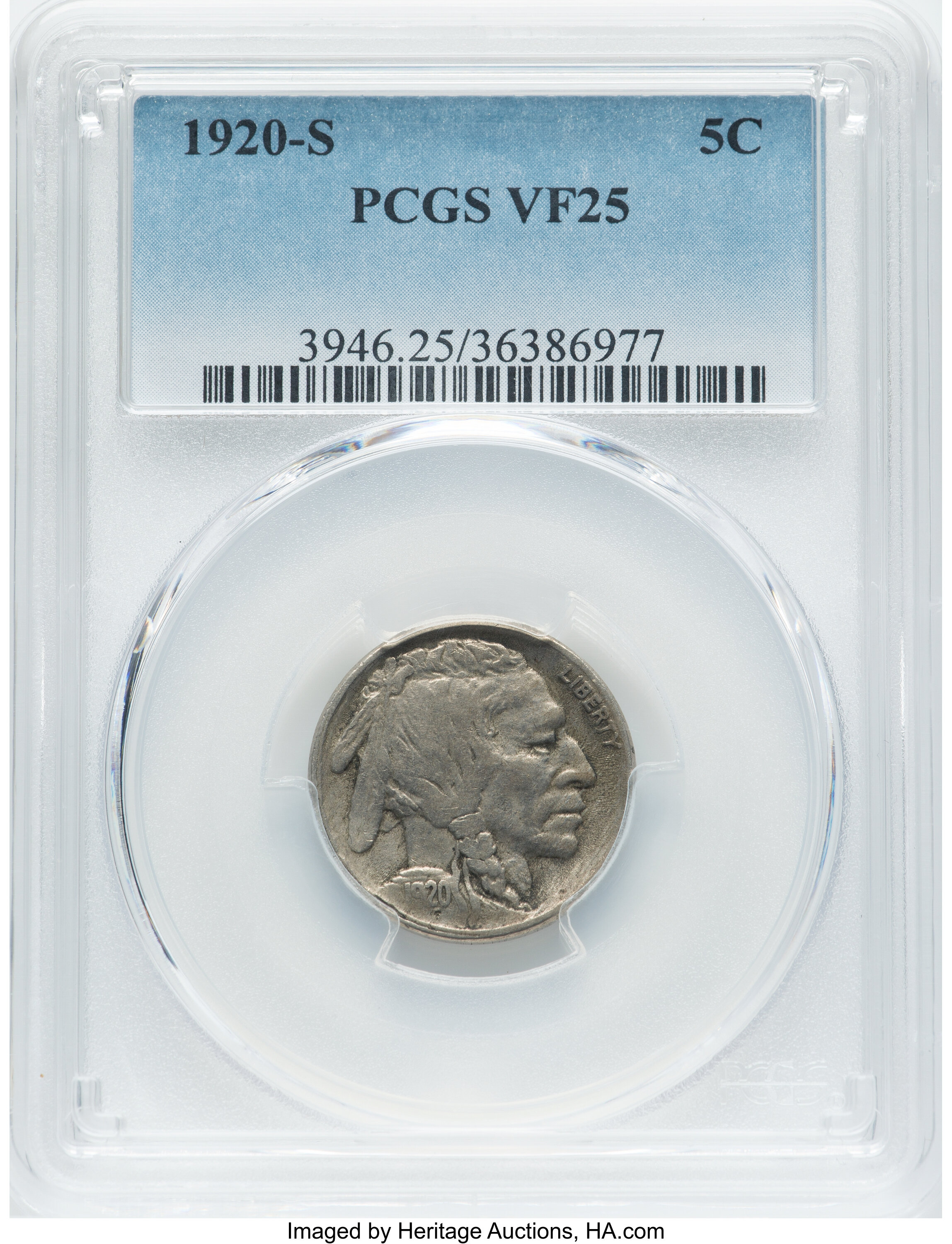 1920-S 5C VF25 PCGS. PCGS Population: (47/1116). NGC Census: (35/722). CDN: $70 Whsle. Bid for NGC/PCGS VF25. Mintage 9,689...