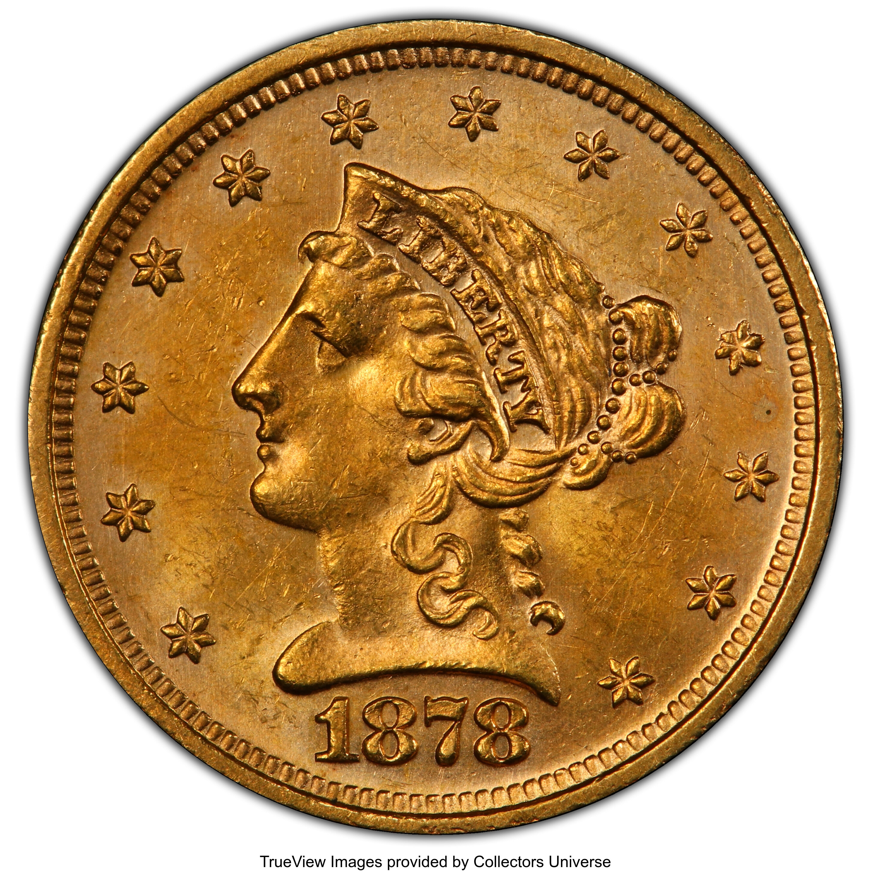 1878-S $2 1/2 MS63 PCGS. CAC. PCGS Population: (54/22 and 1/3+). NGC Census: (45/18 and 0/1+). CDN: $850 Whsle. Bid for NGC...