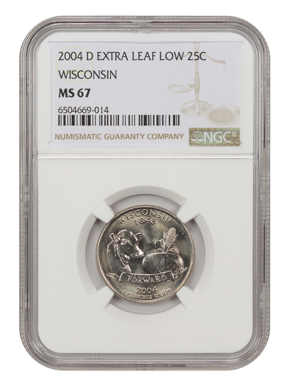 2004-D 25c Wisconsin, Extra Leaf Low MS67 thumbnail 3