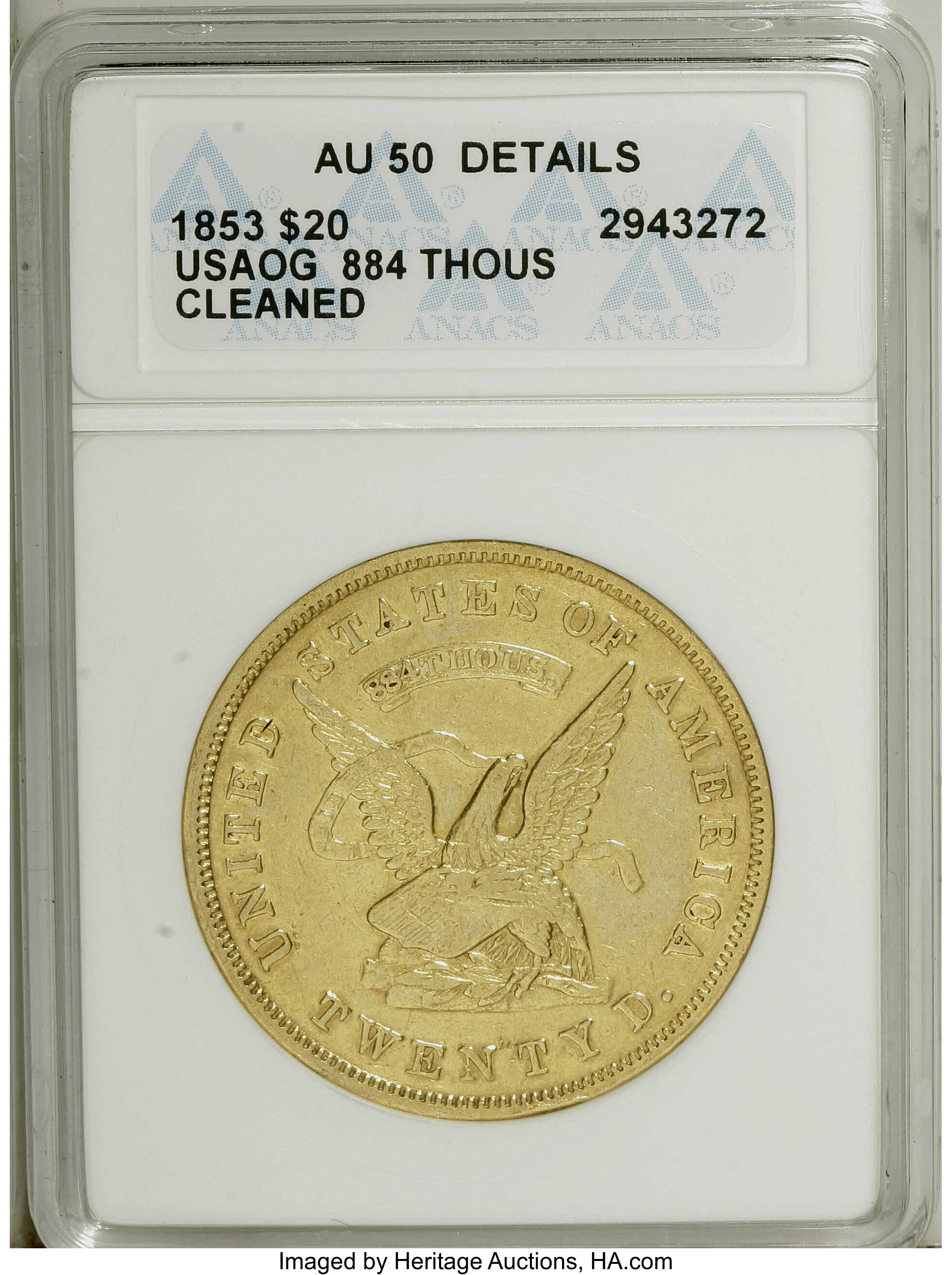 1853 G$20  U.S. Assay Office, TWENTY D., 884 THOUS, K-17 MS thumbnail 15