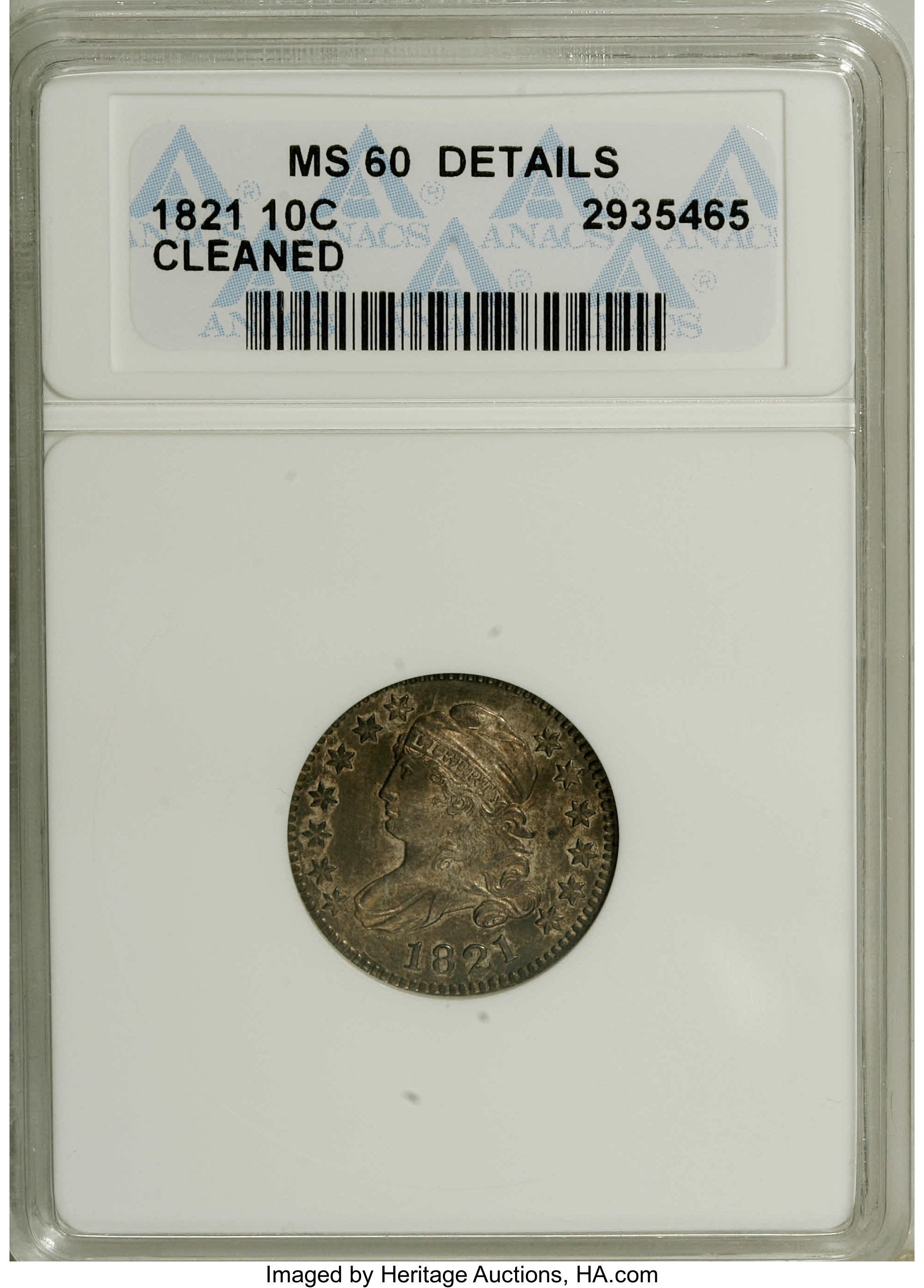 1821 10C Large Date--Cleaned--ANACS. MS60 Details. JR-4, R.2. Dusky forest-green and walnut-brown toning embrace this smoot...