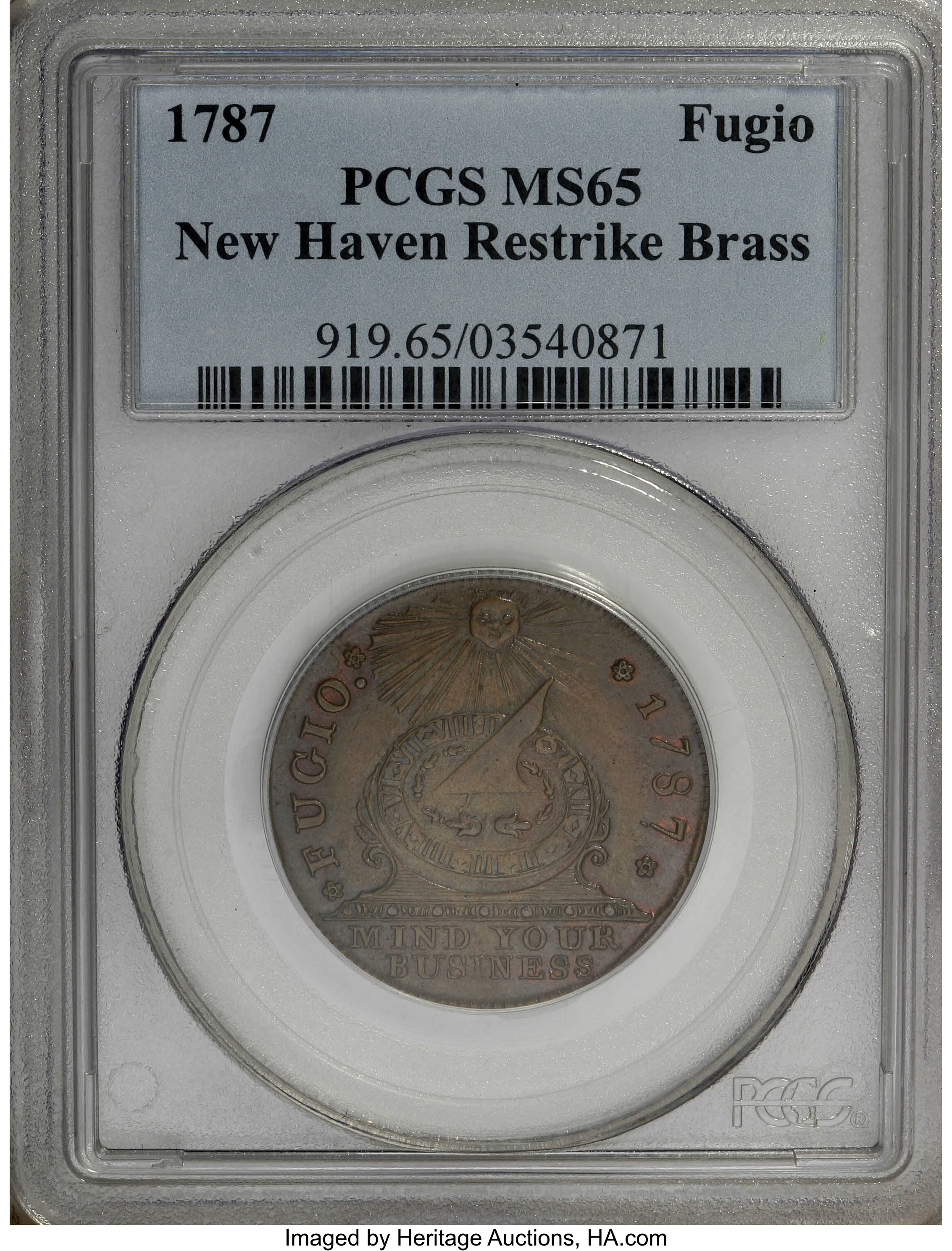 1787 Fugio 1c New Haven Restrike, Brass MS65 thumbnail 4