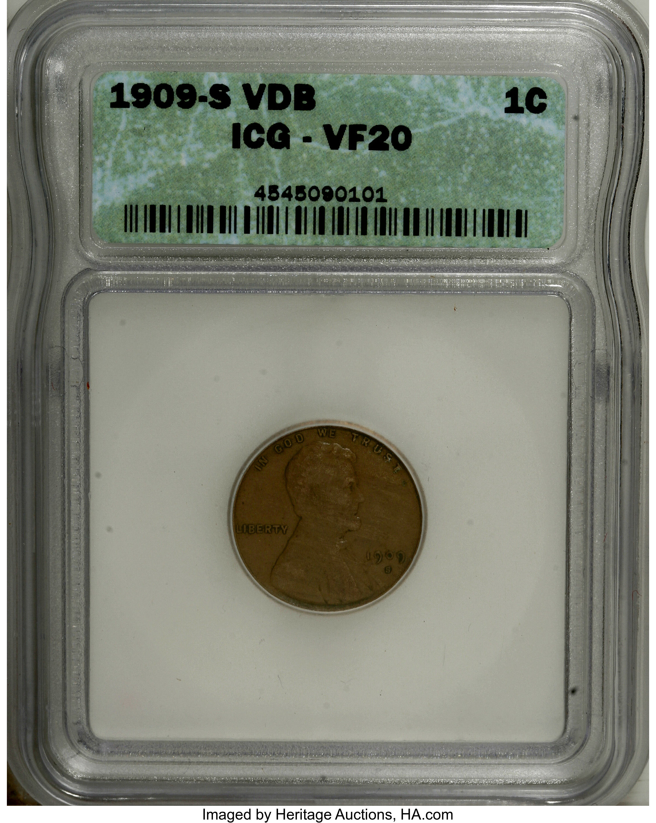 1909-S VDB 1C VF20 ICG. Moderately worn with medium-brown surfaces that are slightly lighter at the higher areas and darker...