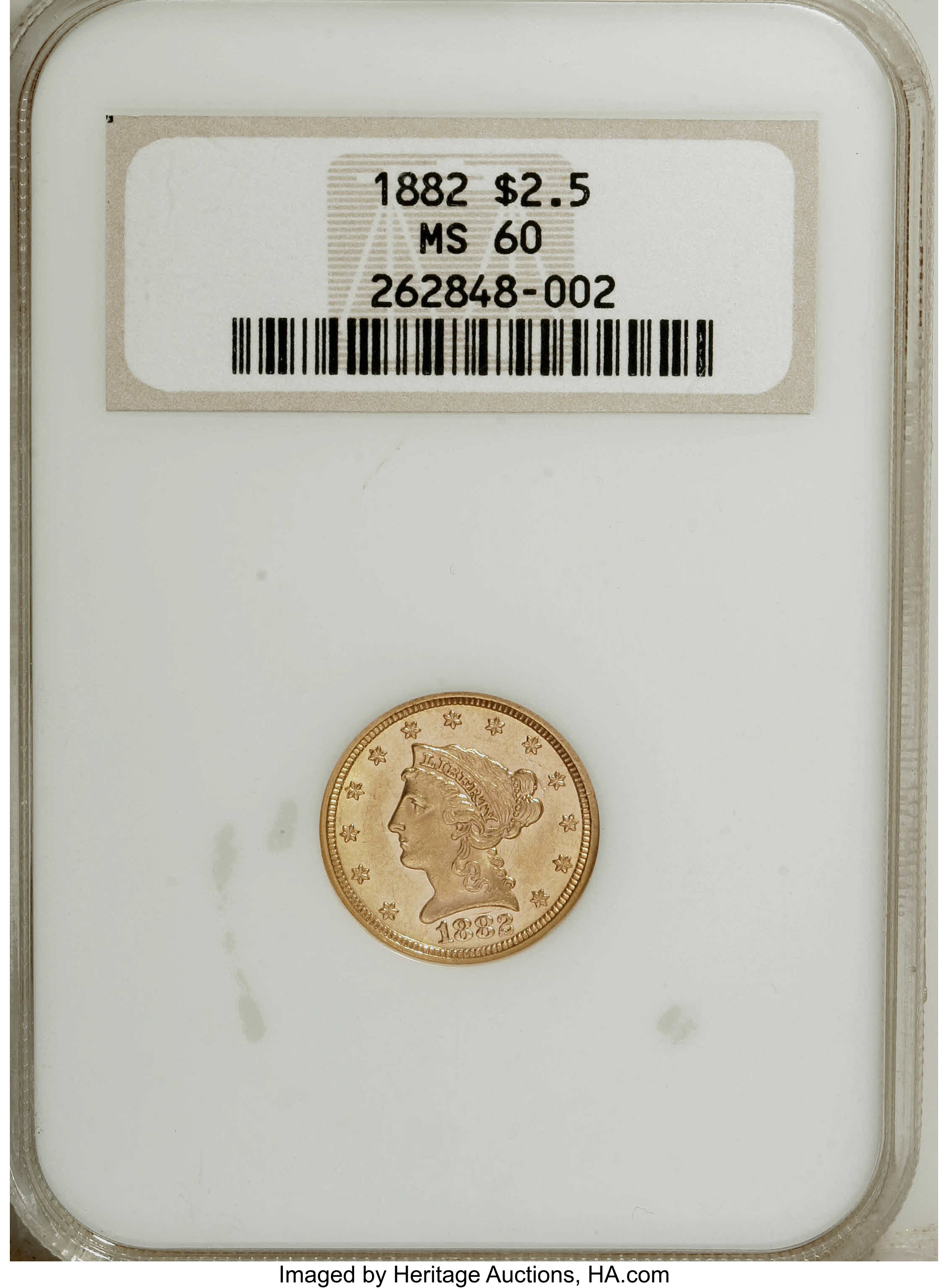 1882 $2 1/2 MS60 NGC. An exactingly struck and flashy piece with pleasing preservation despite a few thin marks near the da...