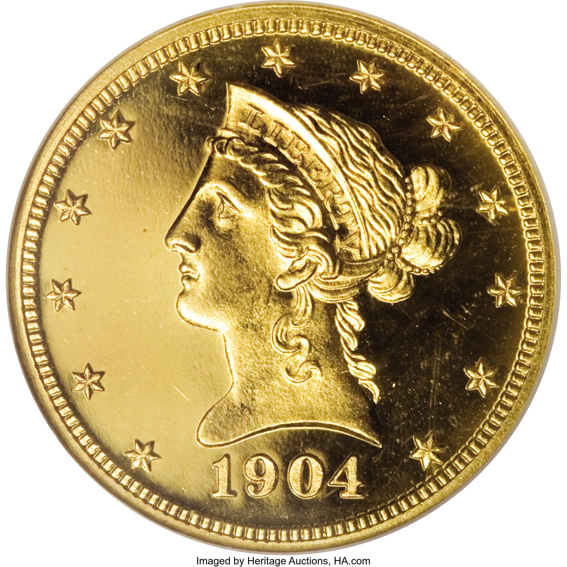 1904 $10 PR66 Cameo NGC. This is an amazing Cameo proof, unusual for the amount of contrast between the fields and devices....