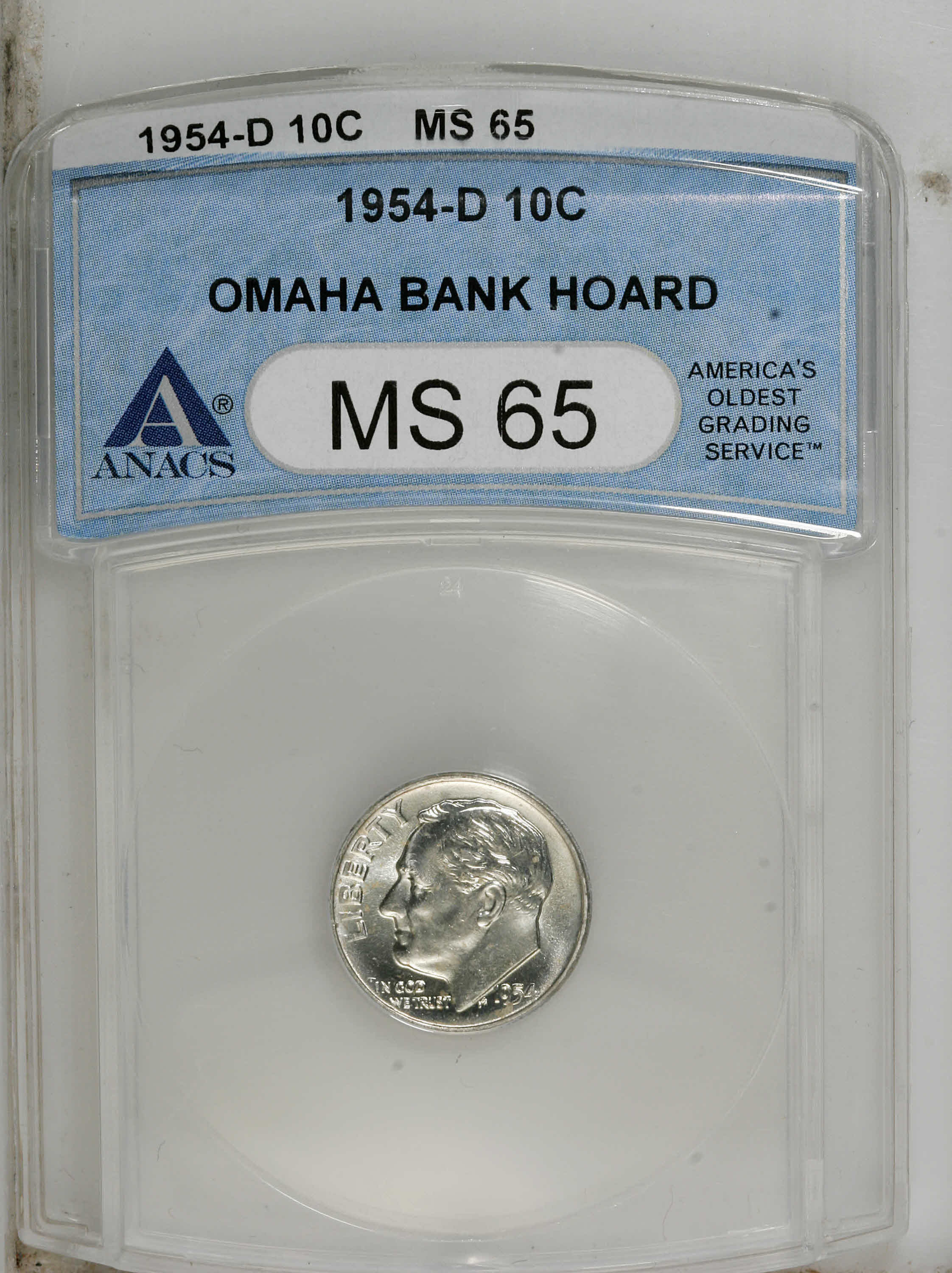 1954-D 10C MS65 ANACS. NGC Census: (26/400). PCGS Population (51/507). Mintage: 106,397,000. Numismedia Wsl. Price: $15. (#...