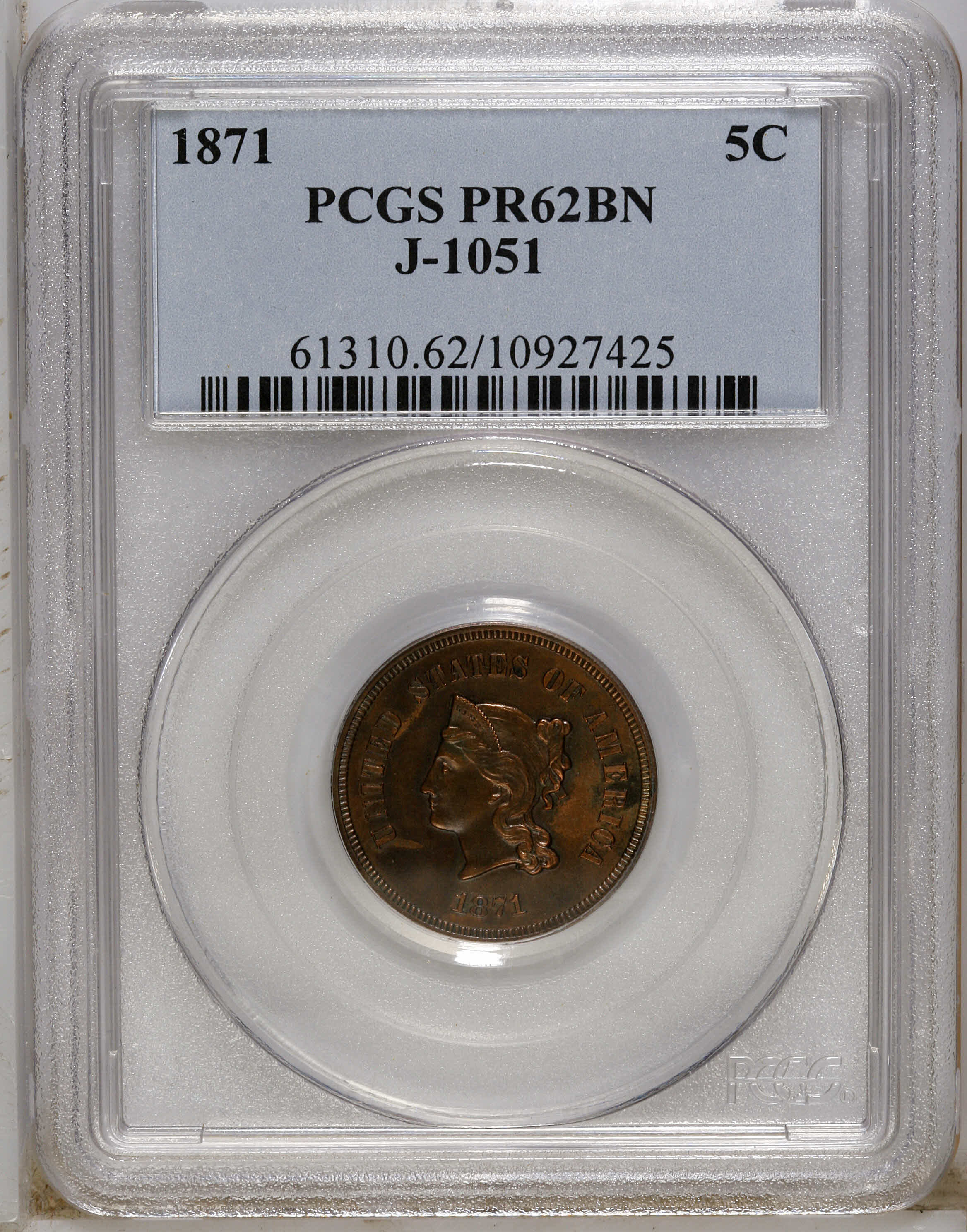 1871 P5c Copper, J-1051 PR BN PR62 BN thumbnail 8