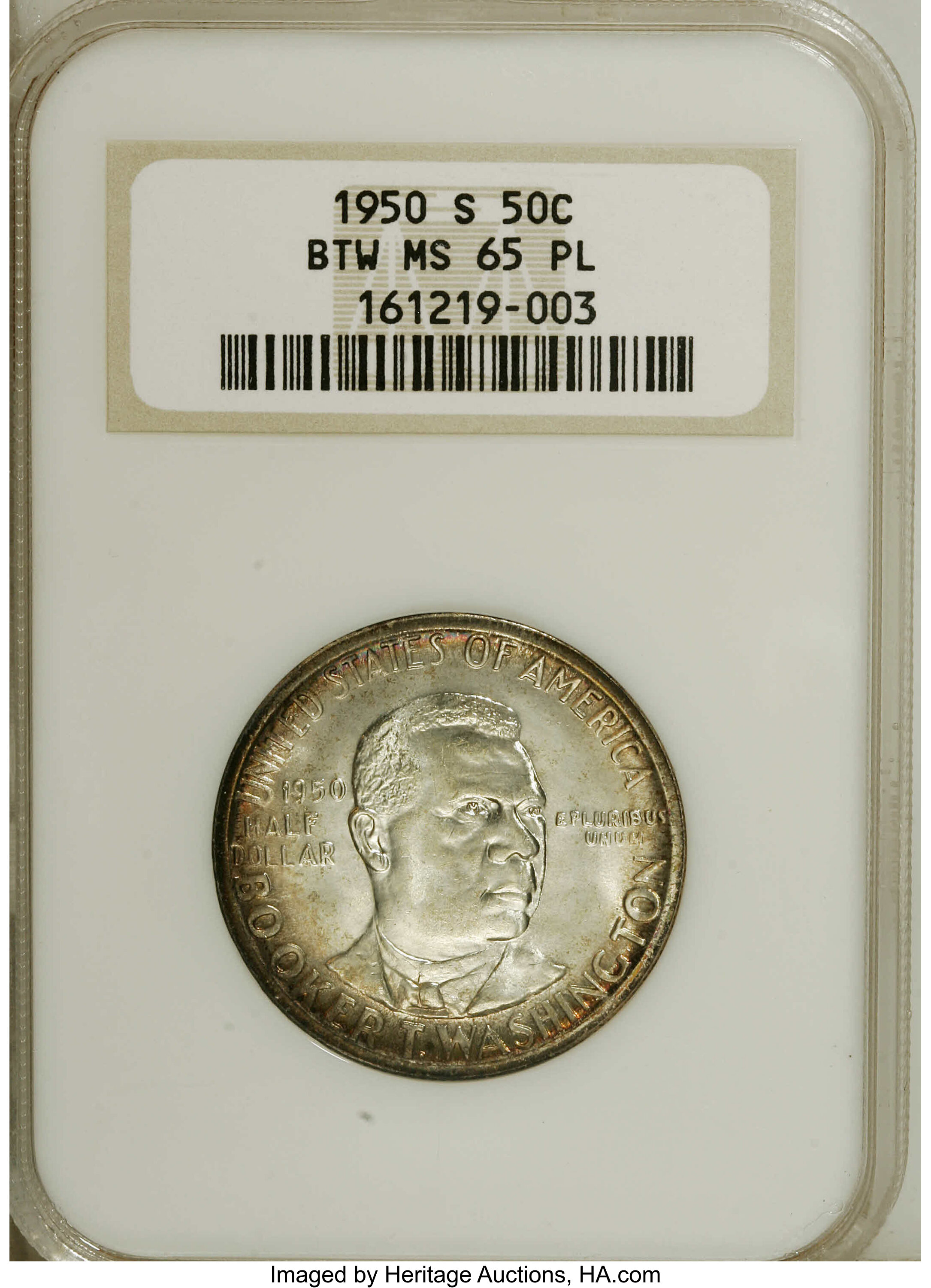 1950-S 50C Booker T. Washington MS65 Prooflike NGC. Solidly struck with modest, yet distinct reflectivity. The peripheral z...