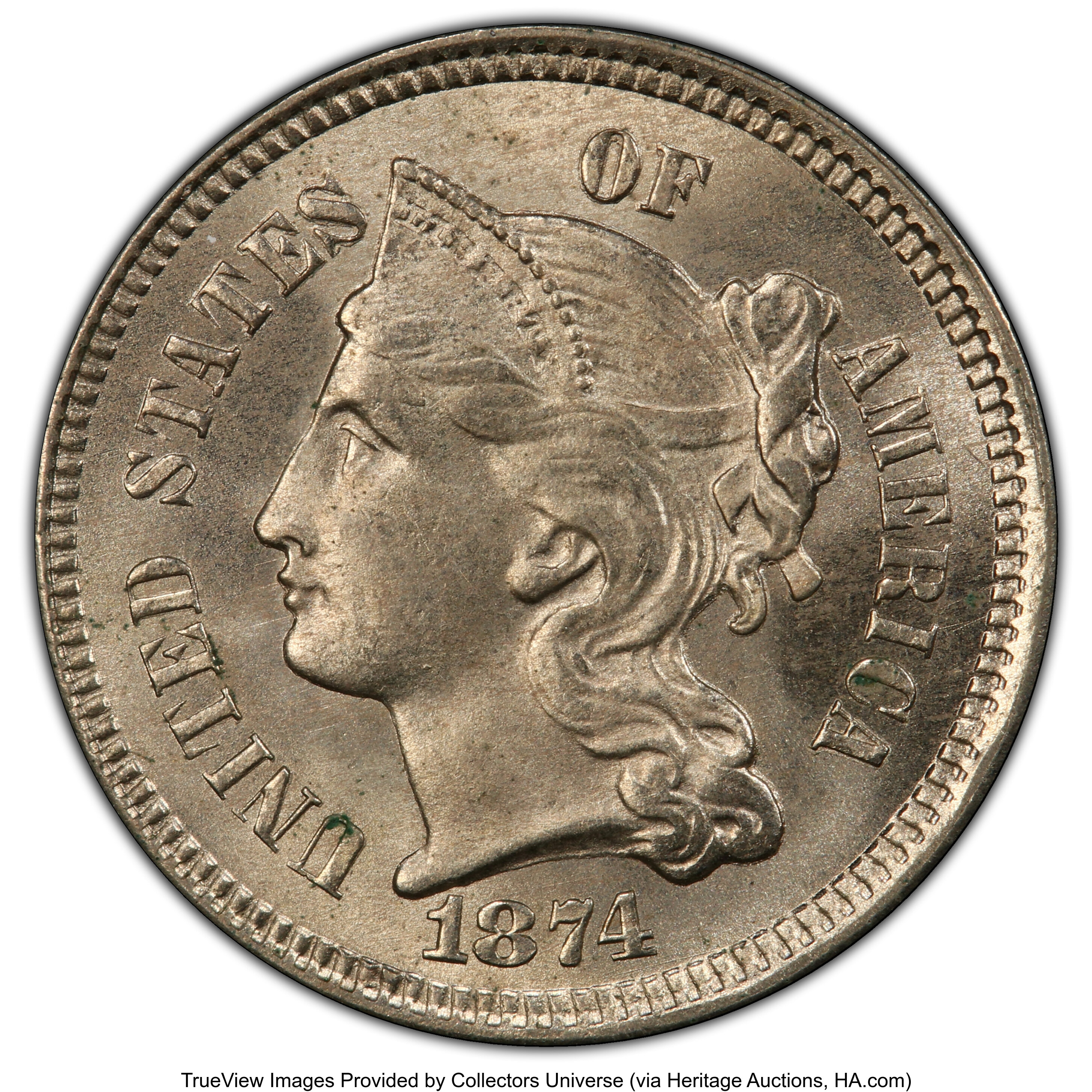 1874 3CN MS65 PCGS. PCGS Population: (42/15 and 2/3+). NGC Census: (14/11 and 1/2+). CDN: $675 Whsle. Bid for NGC/PCGS MS65...
